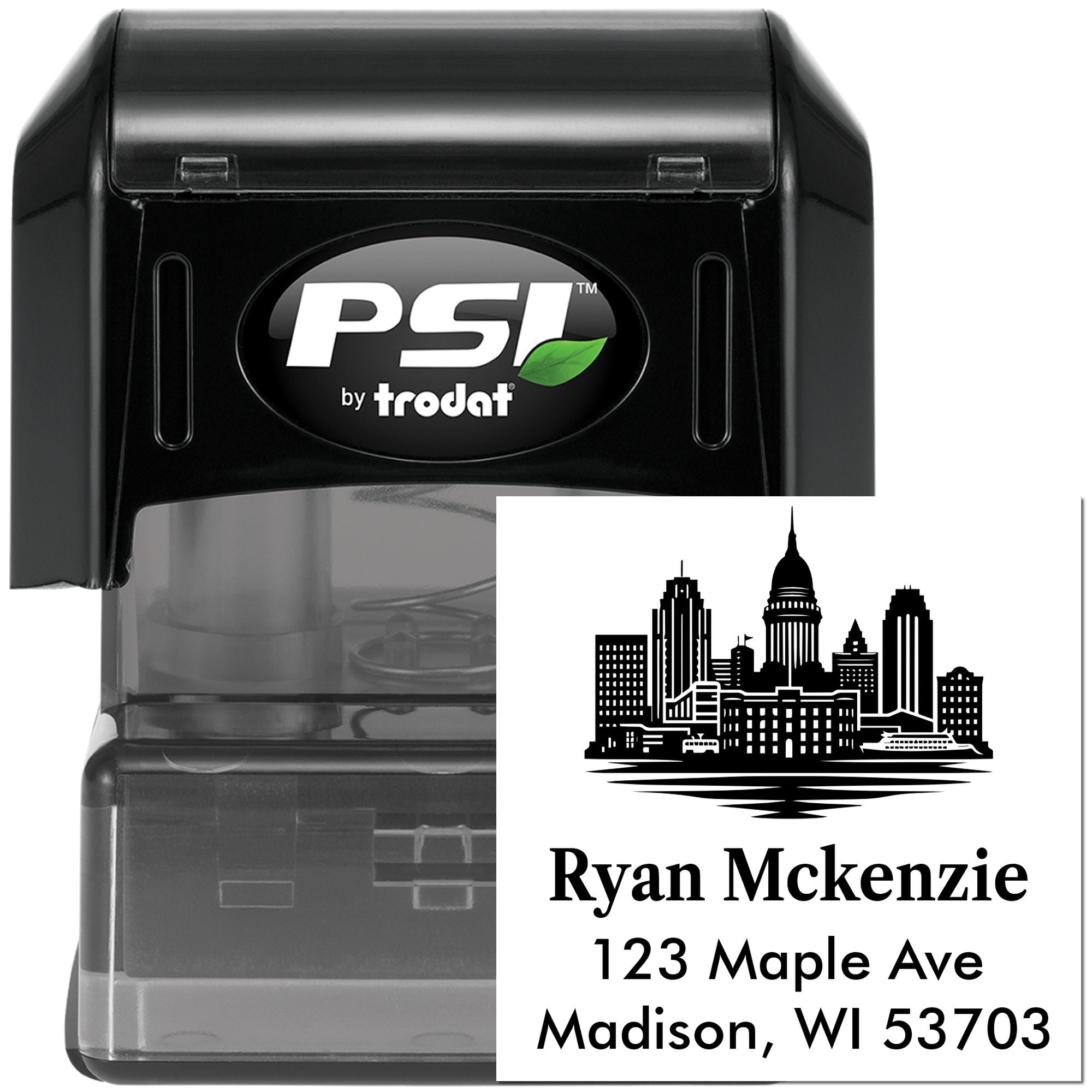 Custom self-inking rubber address stamp with city skyline, ideal for personalized return mailing and branding.