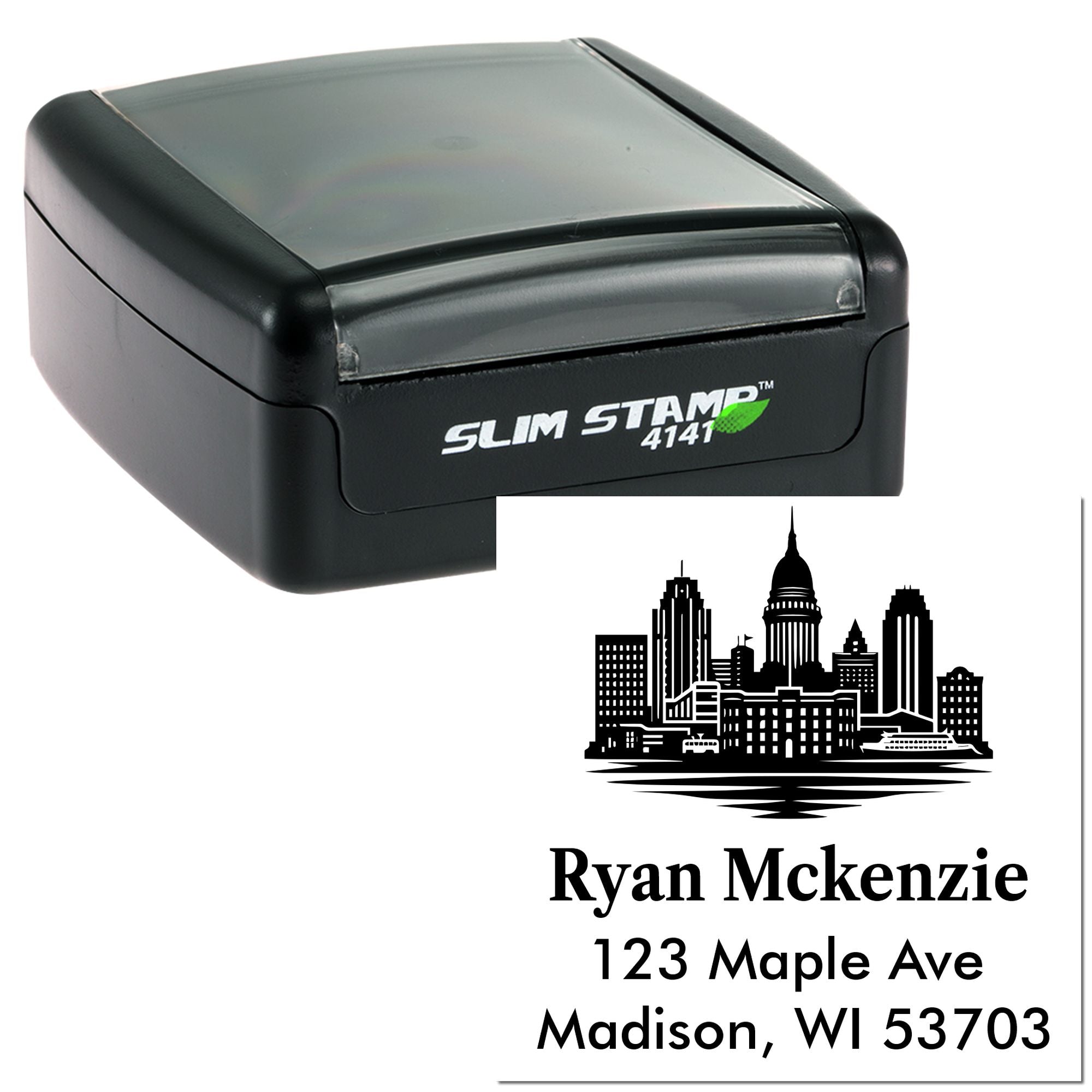 Personalized self-inking rubber stamp with skyline return address design for mailing, branding, and office use.