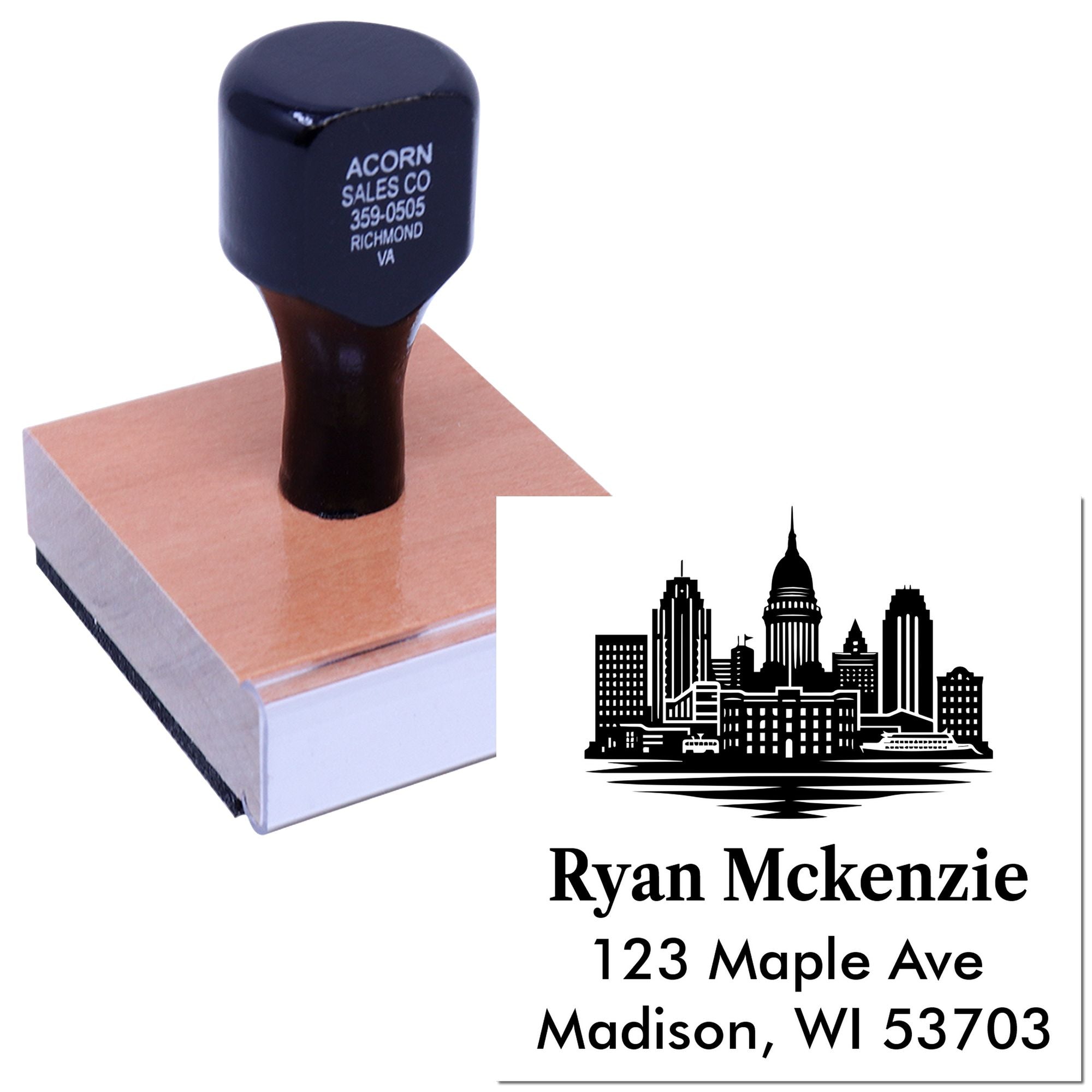 Custom address rubber stamp with skyline logo and return address design on wood handle stamp for business mailing.