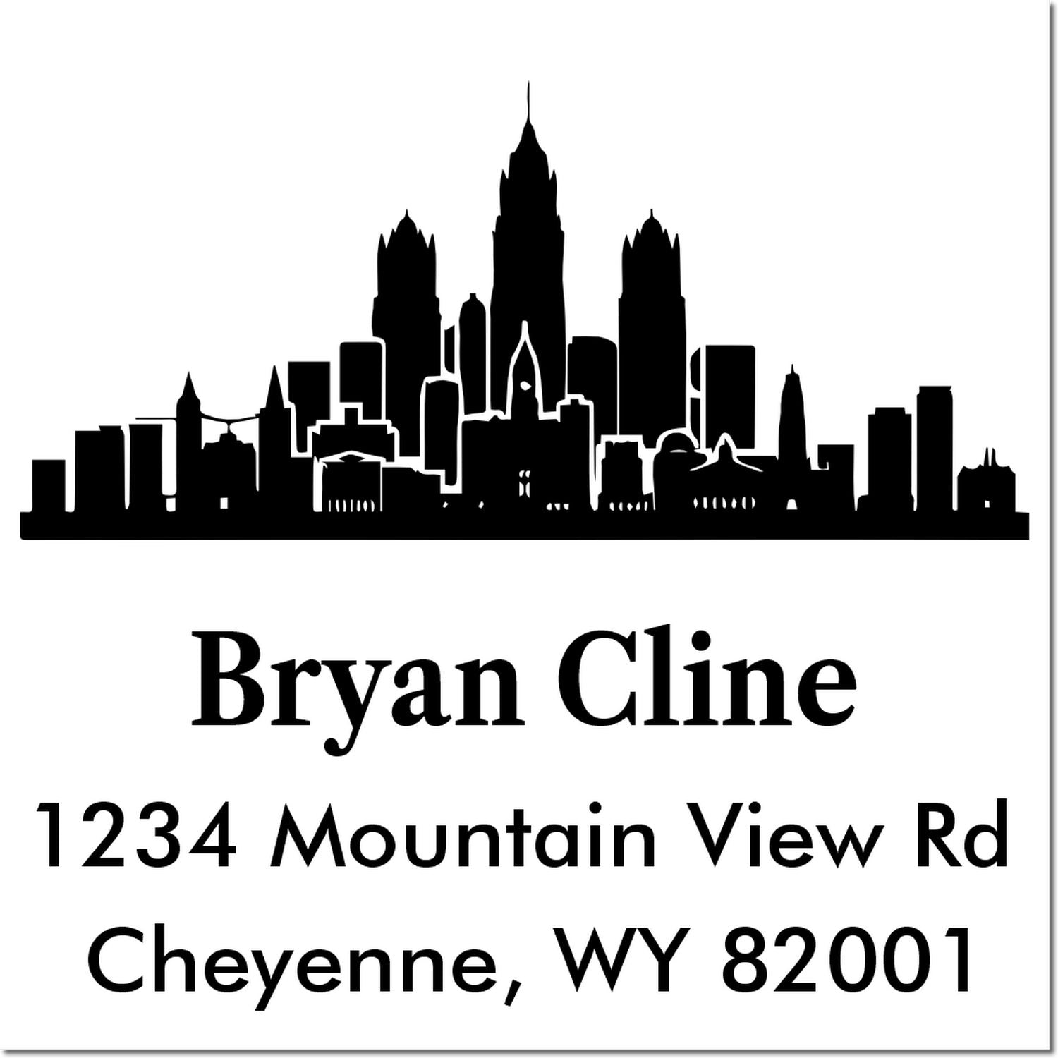 Personalized return address rubber stamp with skyline design, Bryan Cline, 1234 Mountain View Rd, Cheyenne WY 82001