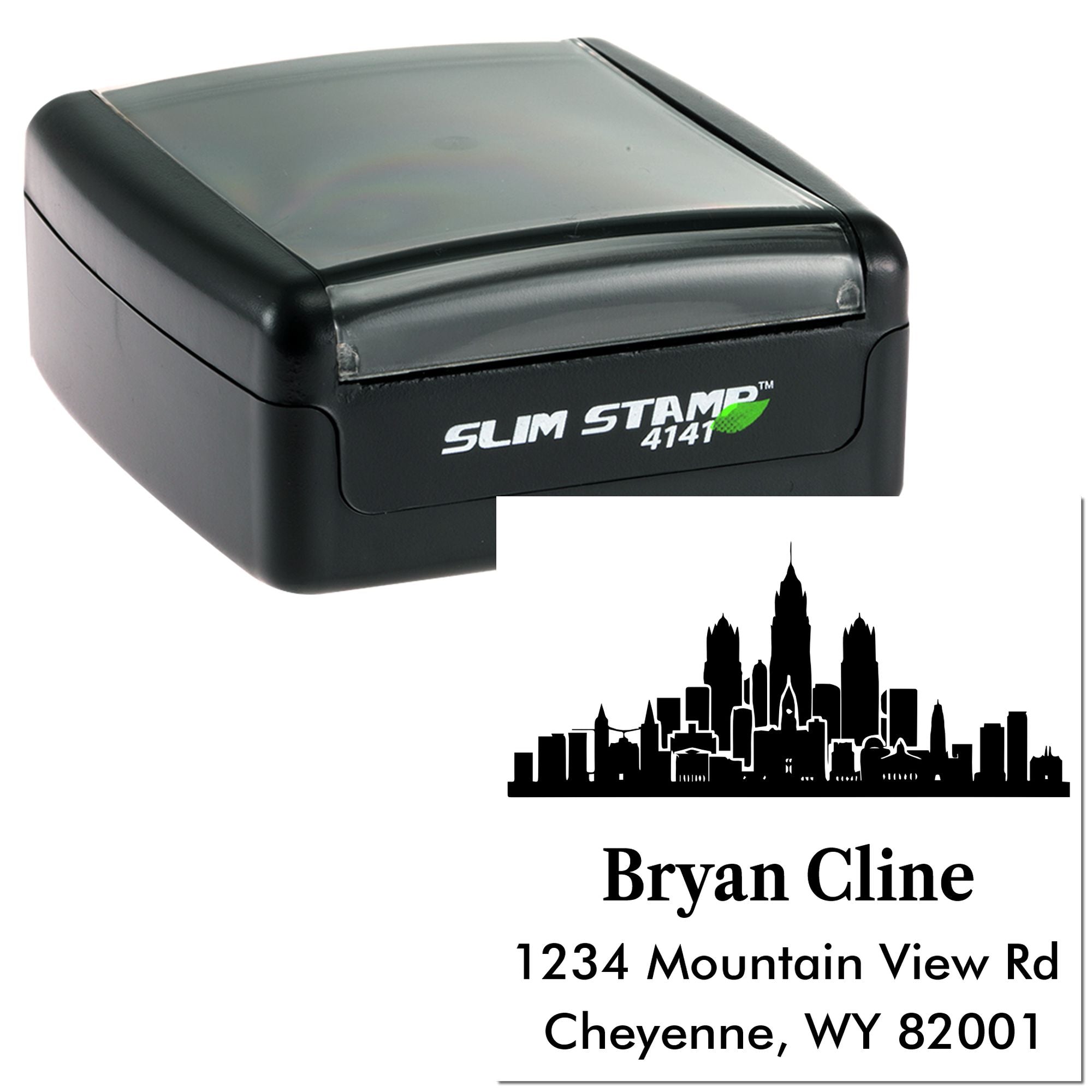 Slim Stamp 4141 custom self-inking return address rubber stamp with skyline logo and personalized name and address.