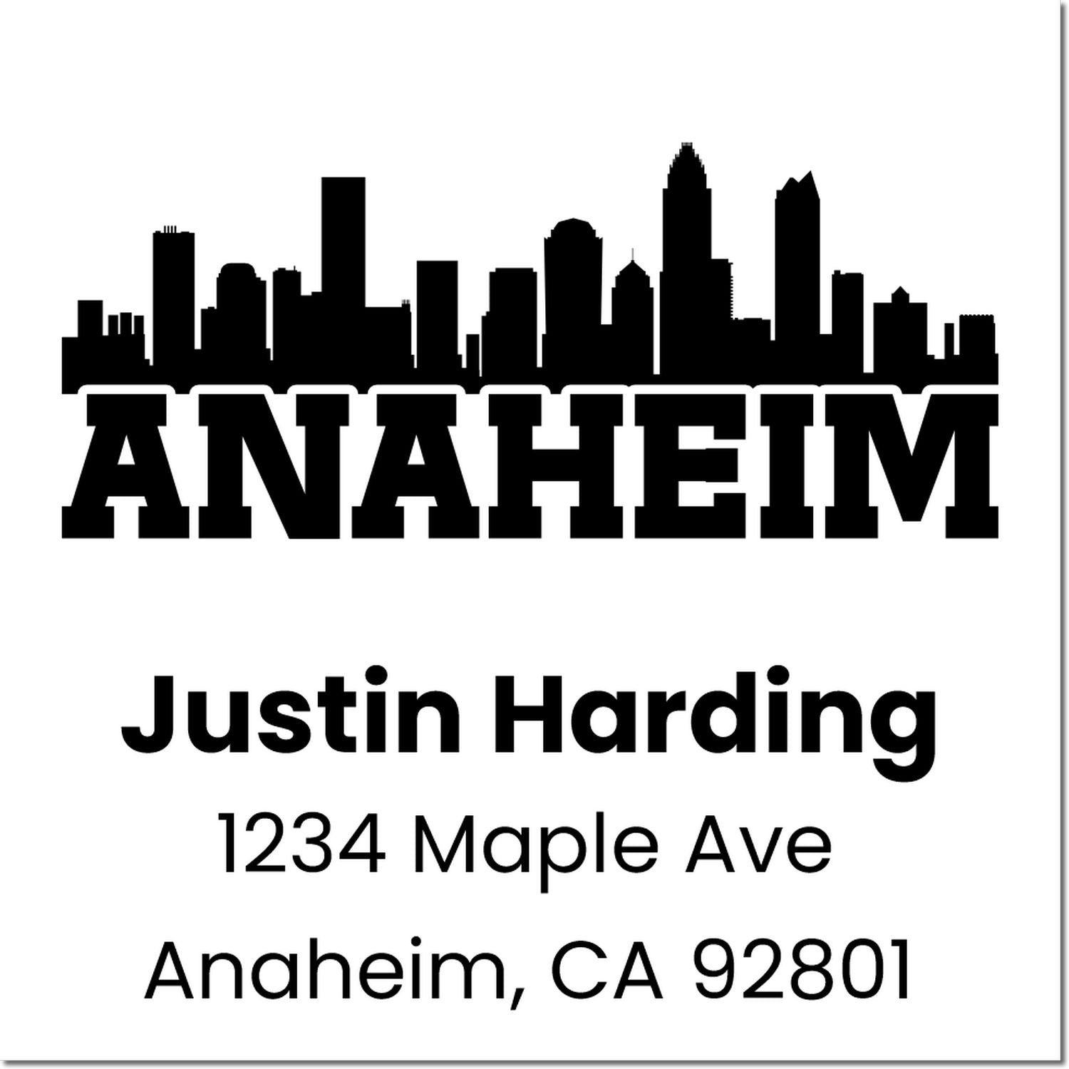 Personalized Anaheim address rubber stamp with skyline, Justin Harding, 1234 Maple Ave, Anaheim, CA 92801