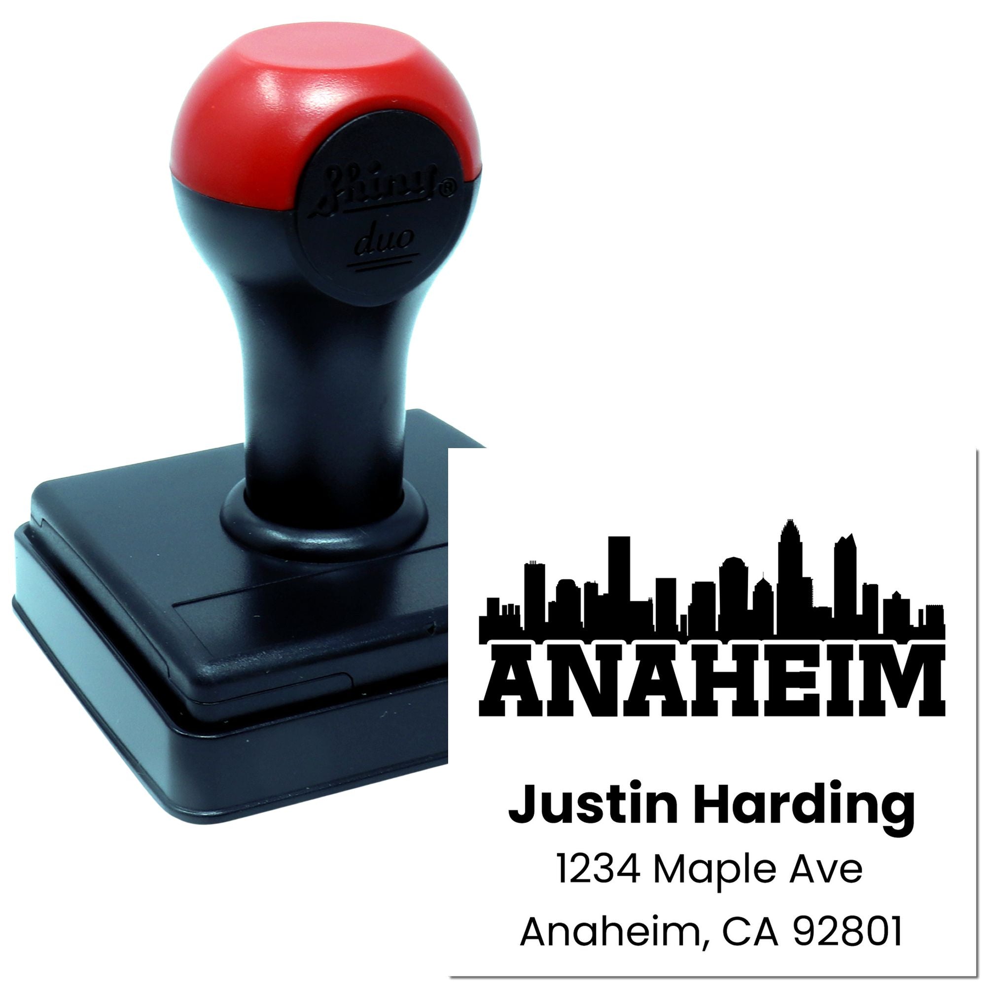Custom self-inking rubber stamp with Anaheim skyline address design, personalized with name, street, city, state, and ZIP code.