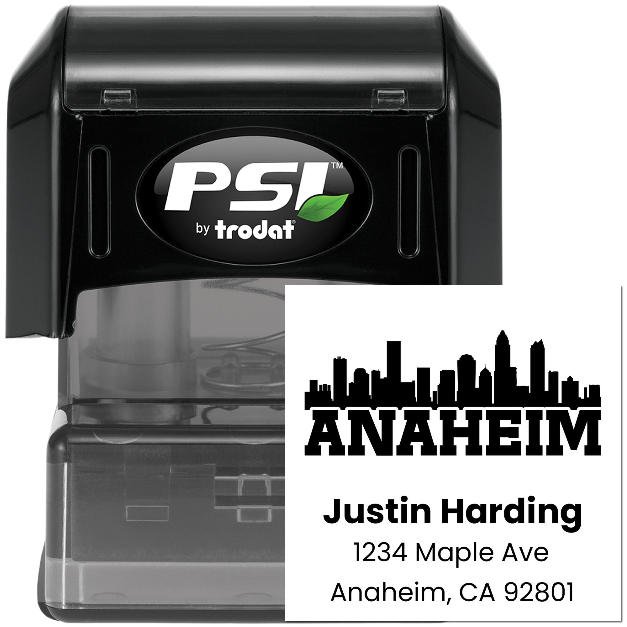 Custom self-inking rubber address stamp by PSI/Trodat with Anaheim skyline and Justin Harding return address.