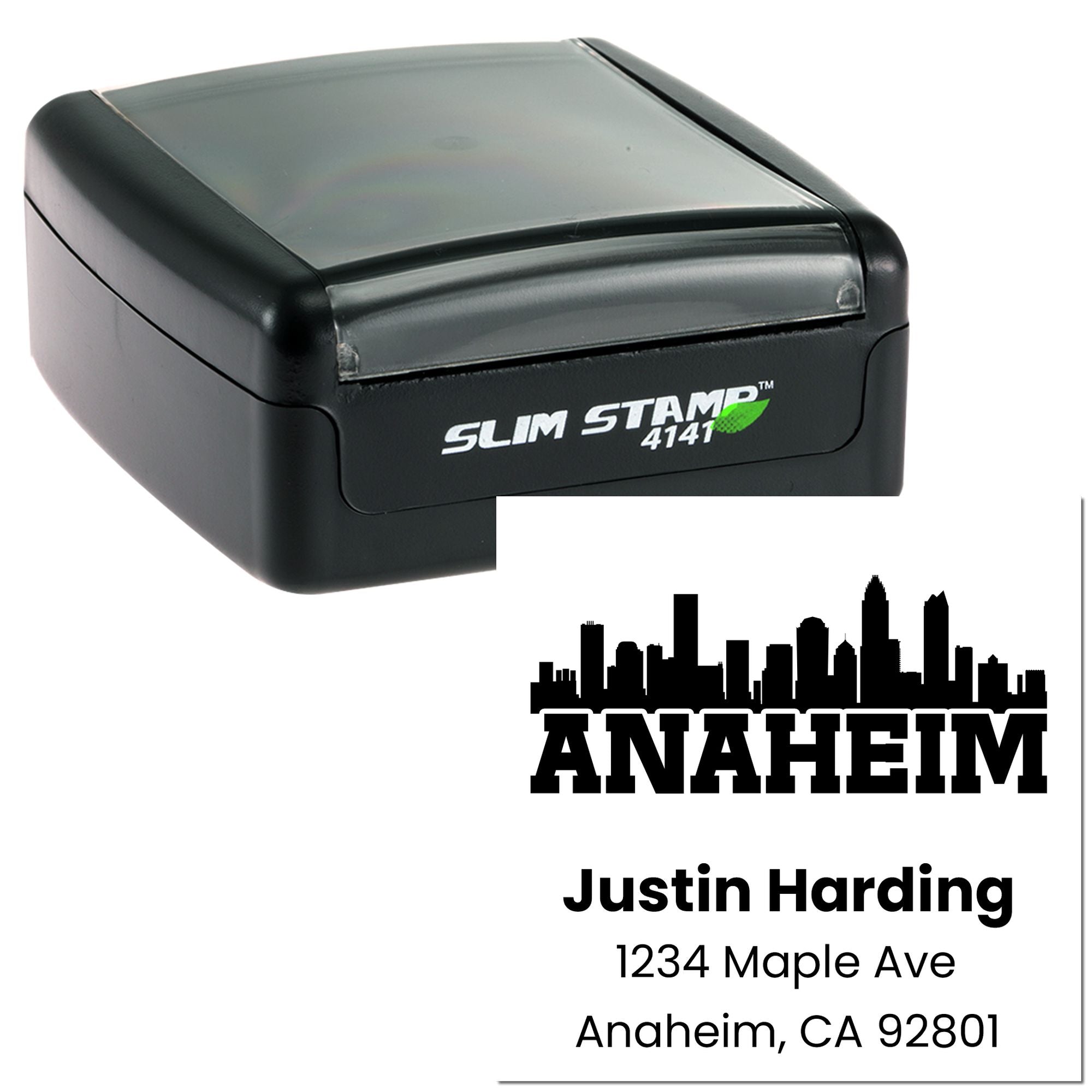 Custom self-inking rubber return address stamp with Anaheim skyline and personalized mailing address.