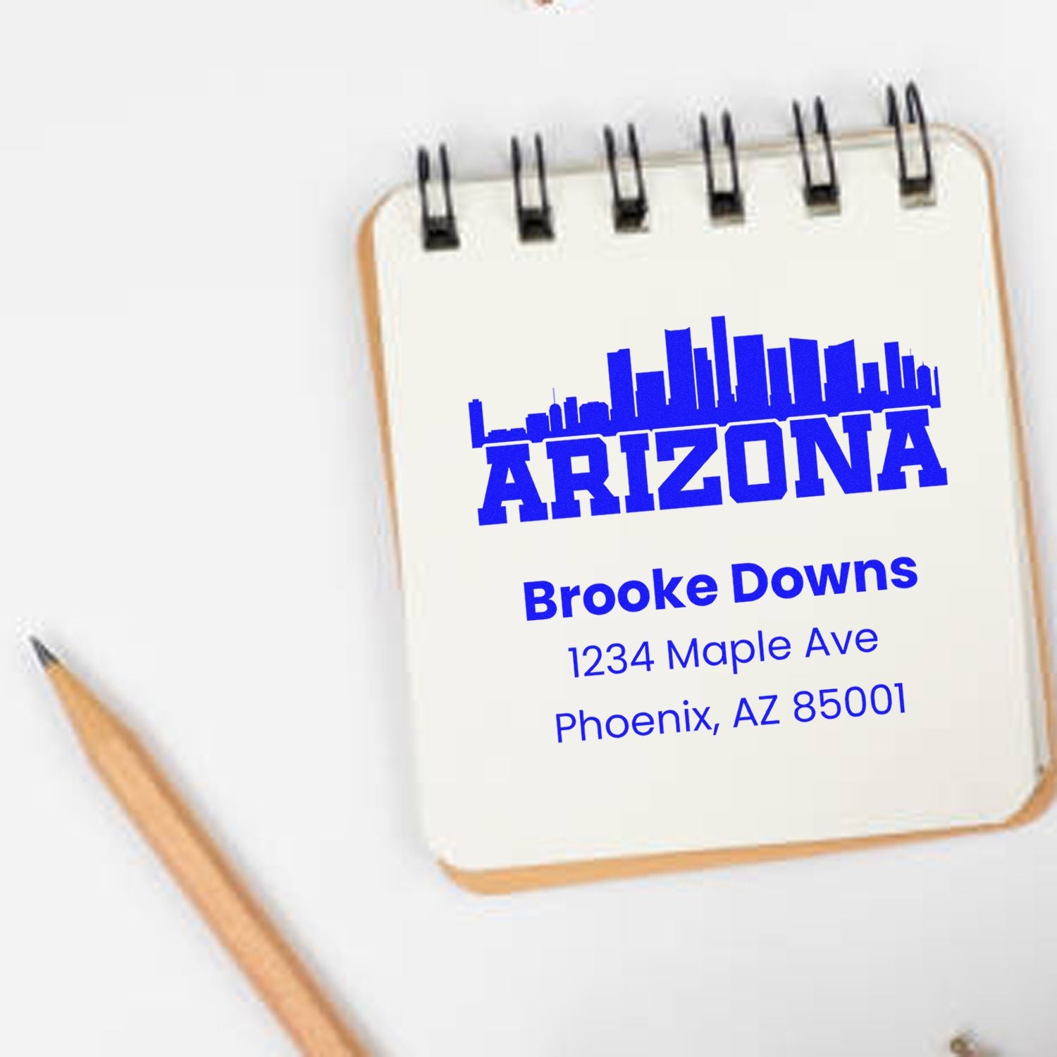 Custom Arizona address rubber stamp with skyline, Brooke Downs, Phoenix, AZ 85001