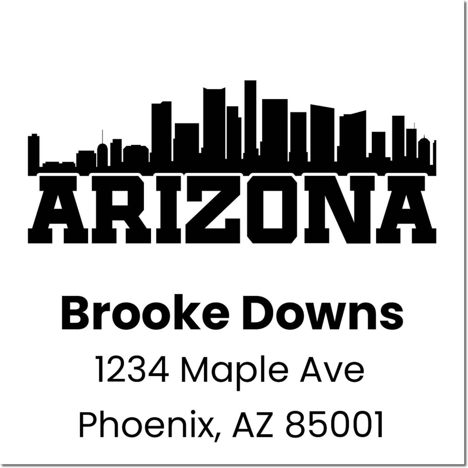 Custom Arizona address stamp with skyline design for Brooke Downs, 1234 Maple Ave, Phoenix, AZ 85001