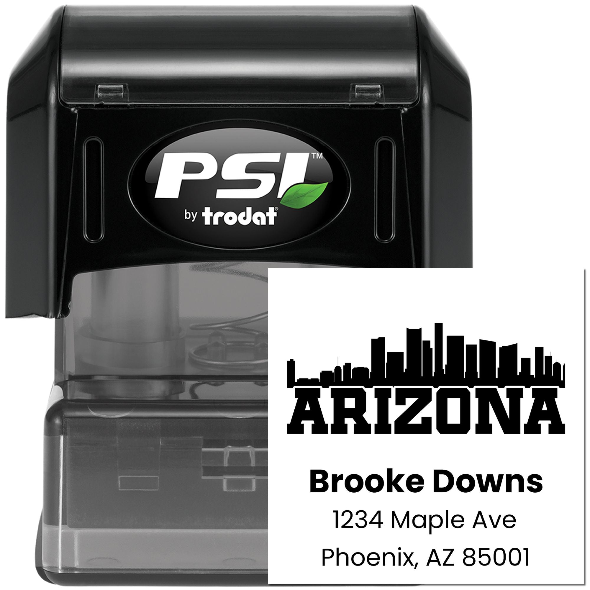 Custom self-inking rubber address stamp for Arizona return addresses, featuring skyline design and Trodat PSI case.