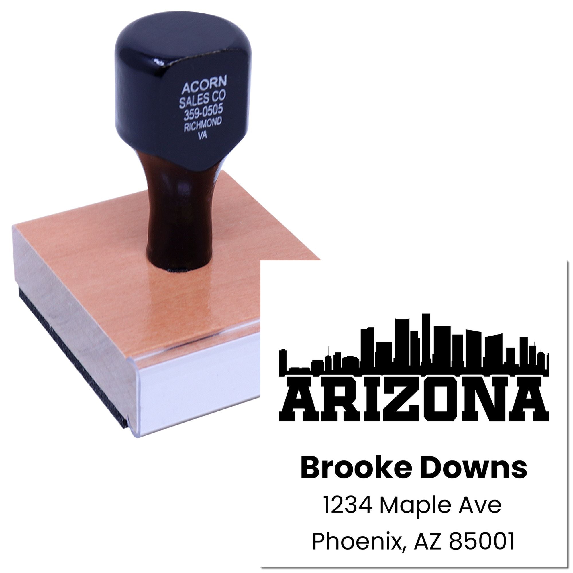 Custom Arizona address rubber stamp with skyline design for return mail, featuring Brooke Downs, Phoenix, AZ 85001.