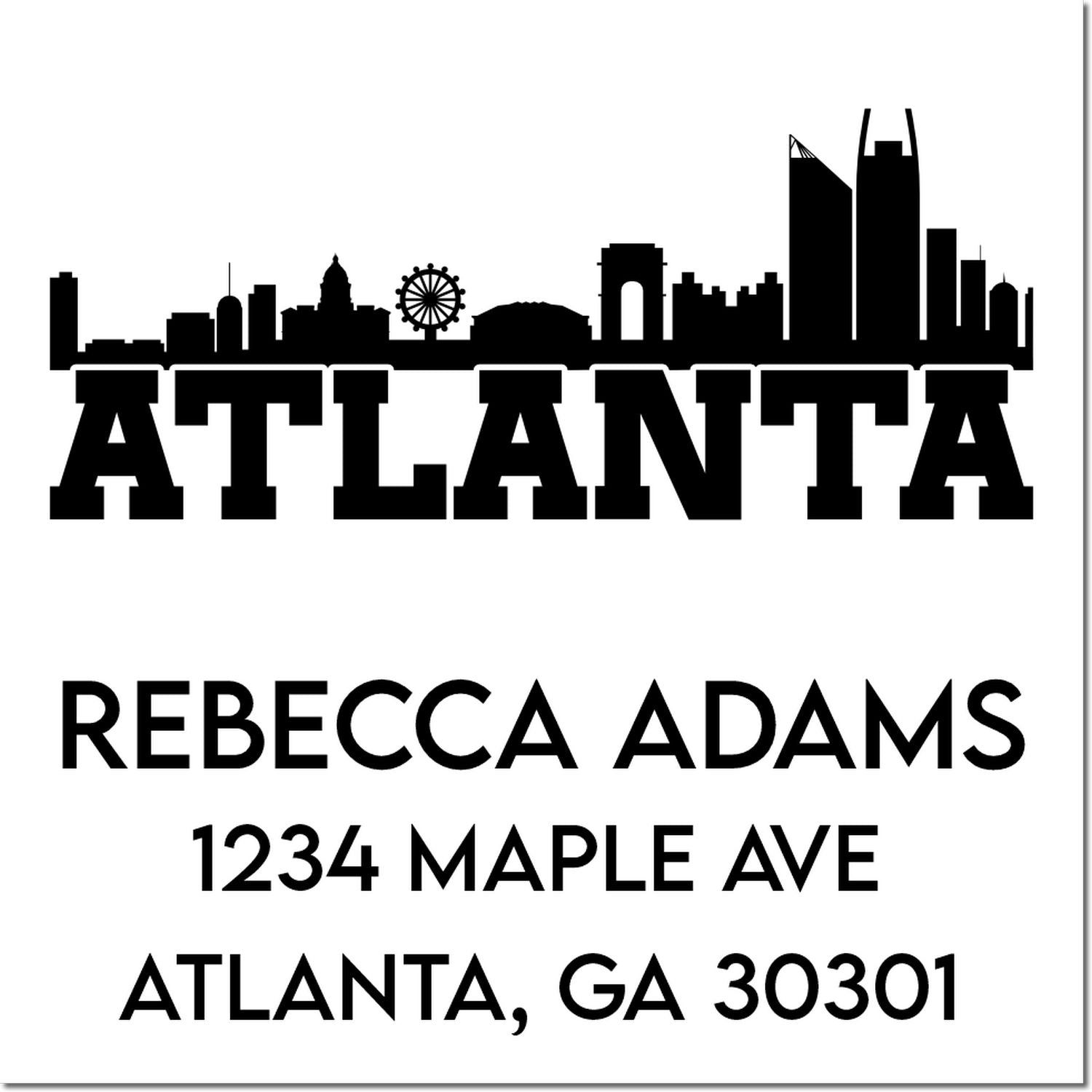 Atlanta skyline custom rubber address stamp for Rebecca Adams, 1234 Maple Ave, Atlanta, GA 30301