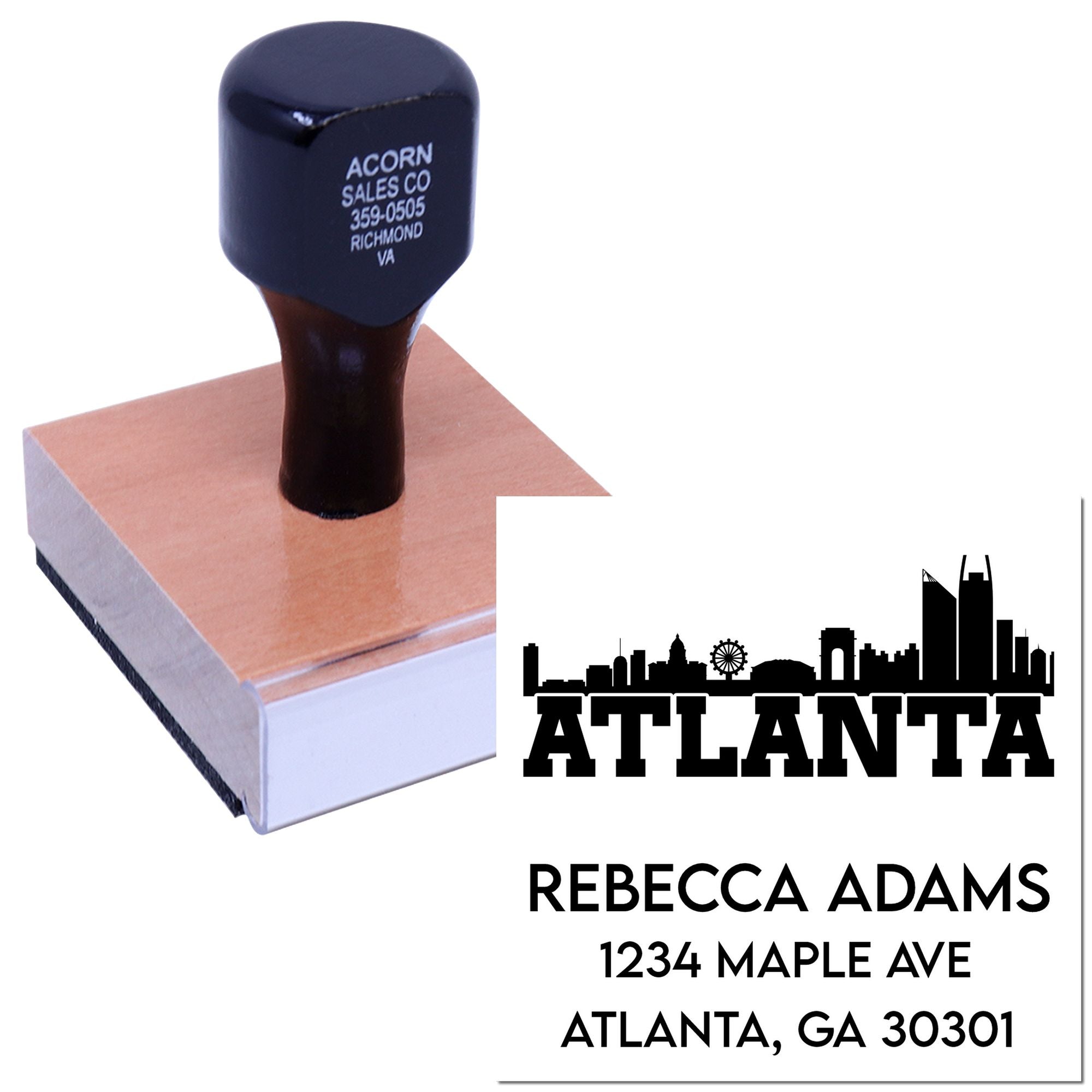 Custom Atlanta return address rubber stamp with skyline design, name, and mailing address.