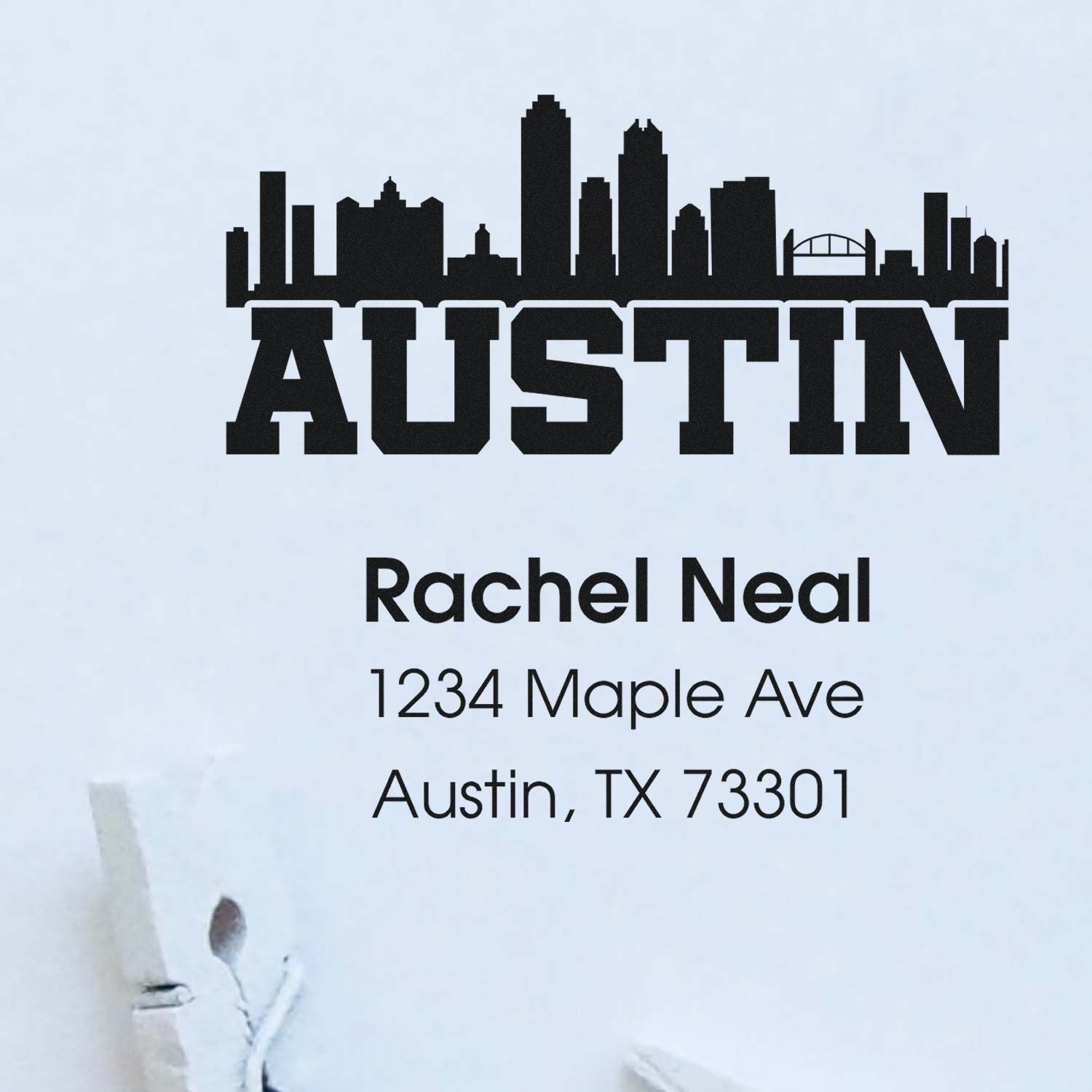 Personalized Austin return address rubber stamp with skyline, Rachel Neal, 1234 Maple Ave, Austin, TX 73301.