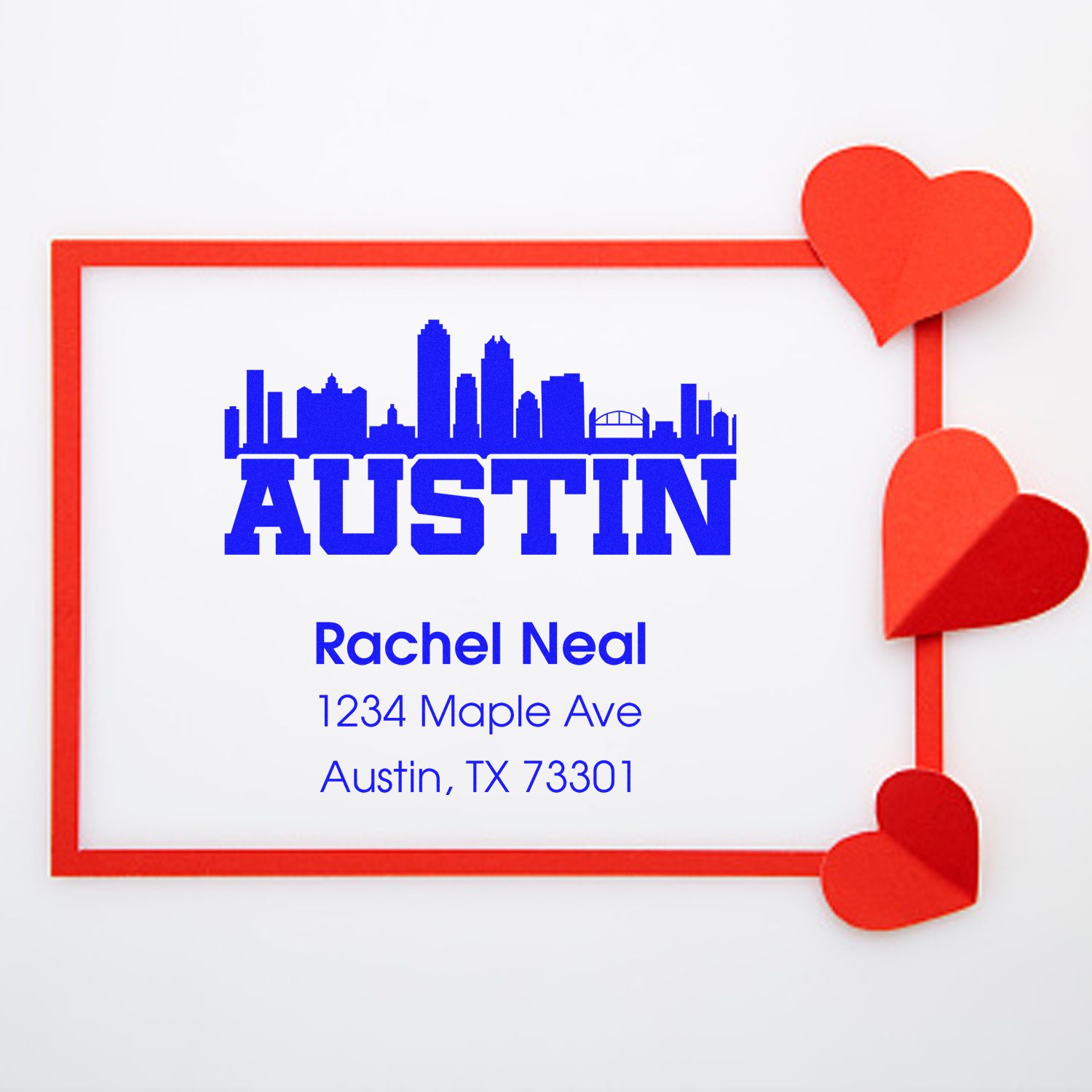 Custom Austin rubber address stamp with skyline, Rachel Neal, 1234 Maple Ave, Austin, TX 73301.
