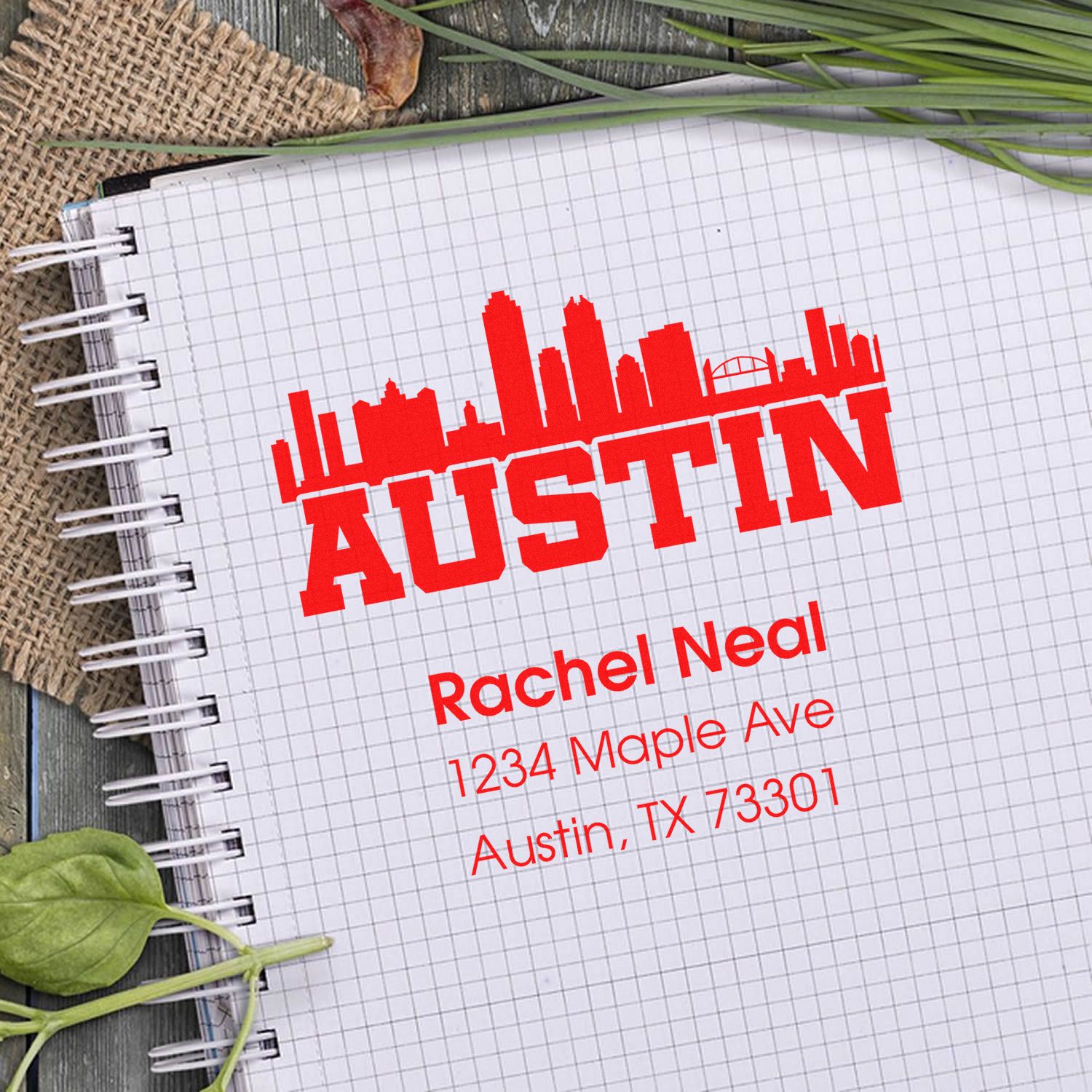Austin custom address rubber stamp with skyline design for personalized return address labeling on stationery and mail.