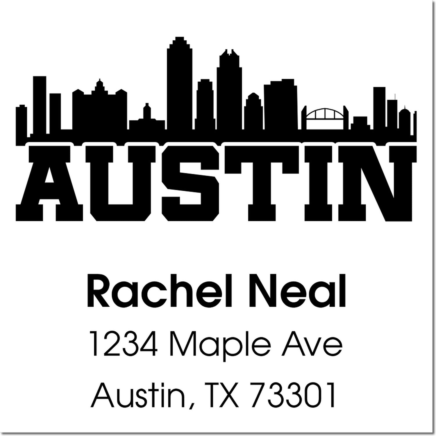 Custom Austin skyline return address rubber stamp for Rachel Neal, 1234 Maple Ave, Austin, TX 73301
