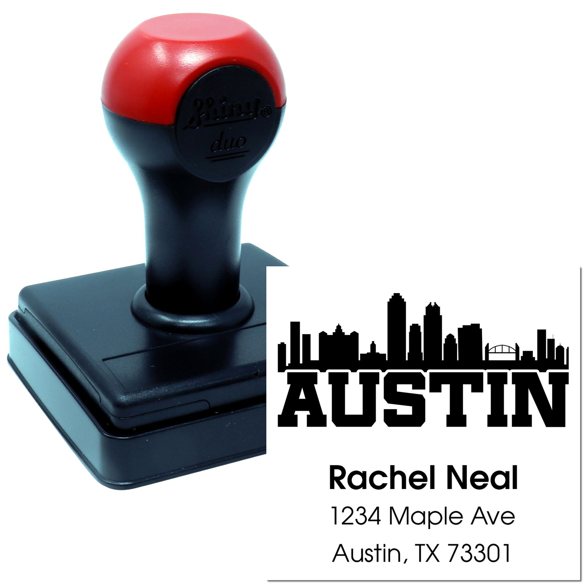 Custom Austin return address rubber stamp with skyline logo, self-inking for personalized mailing and business branding