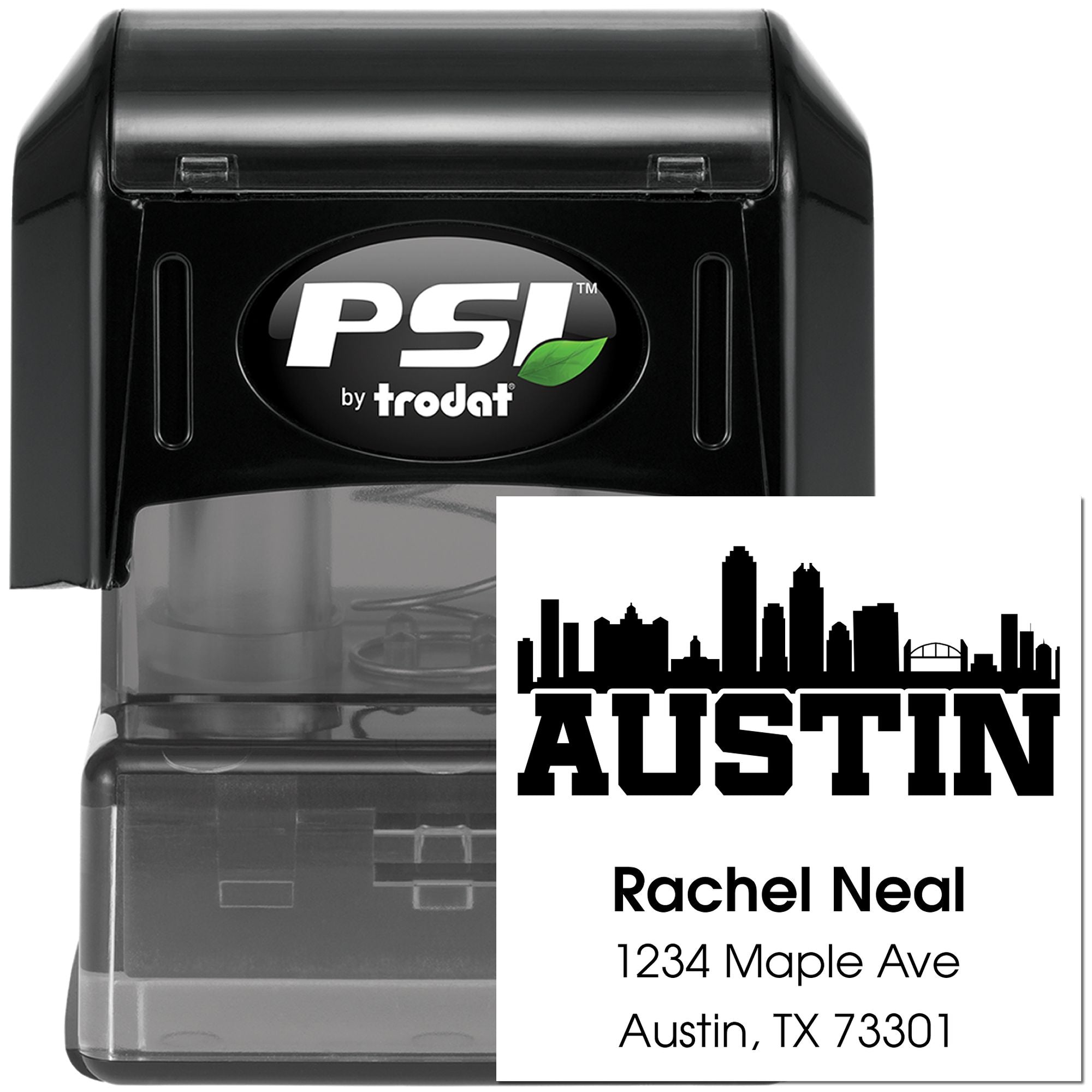 Custom Austin return address self-inking rubber stamp by PSI Trodat with skyline design for mailing labels.