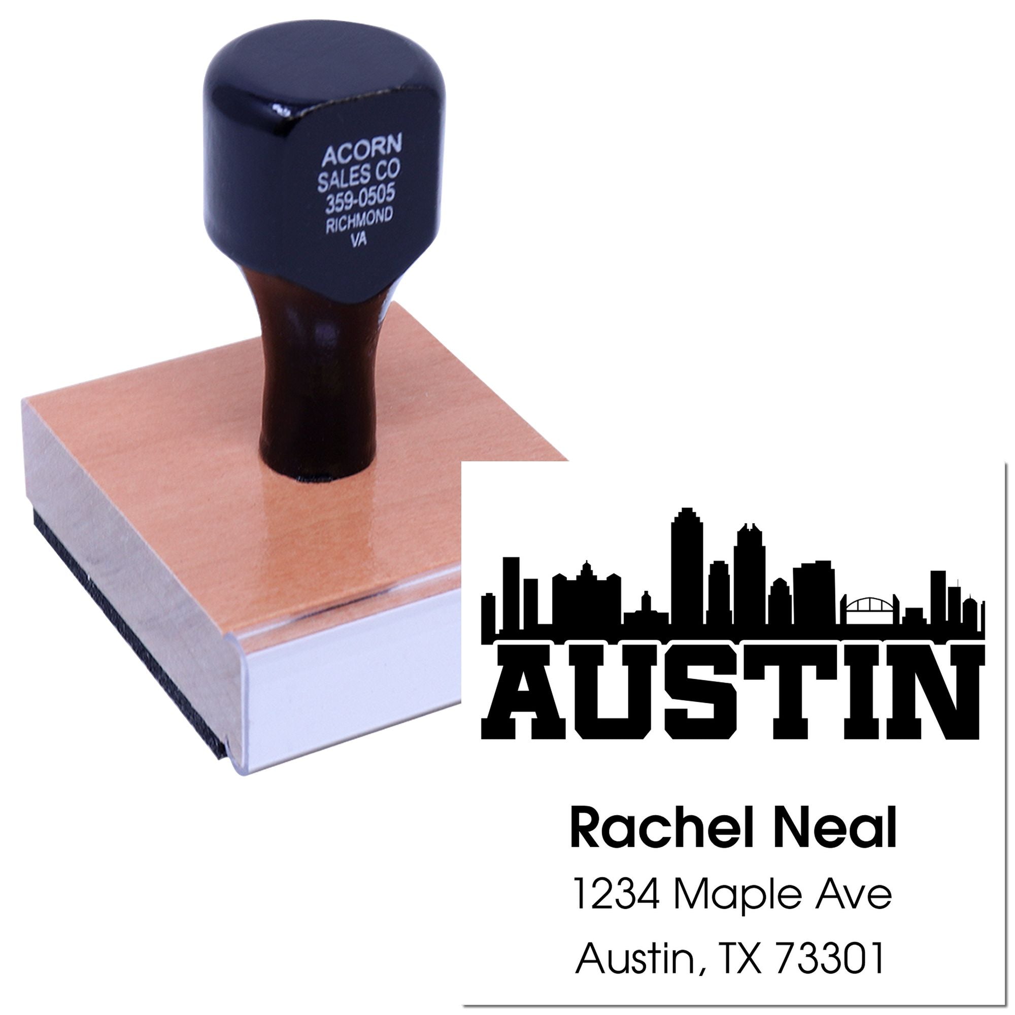 Custom Austin address rubber stamp with skyline, name, street address, and ZIP code for mailing labels.