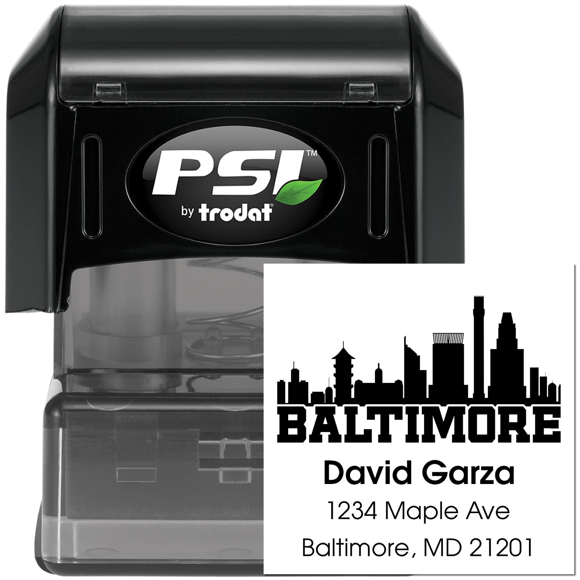 Custom self-inking rubber stamp with Baltimore skyline address design for personalized mailing, return addresses, and branding.