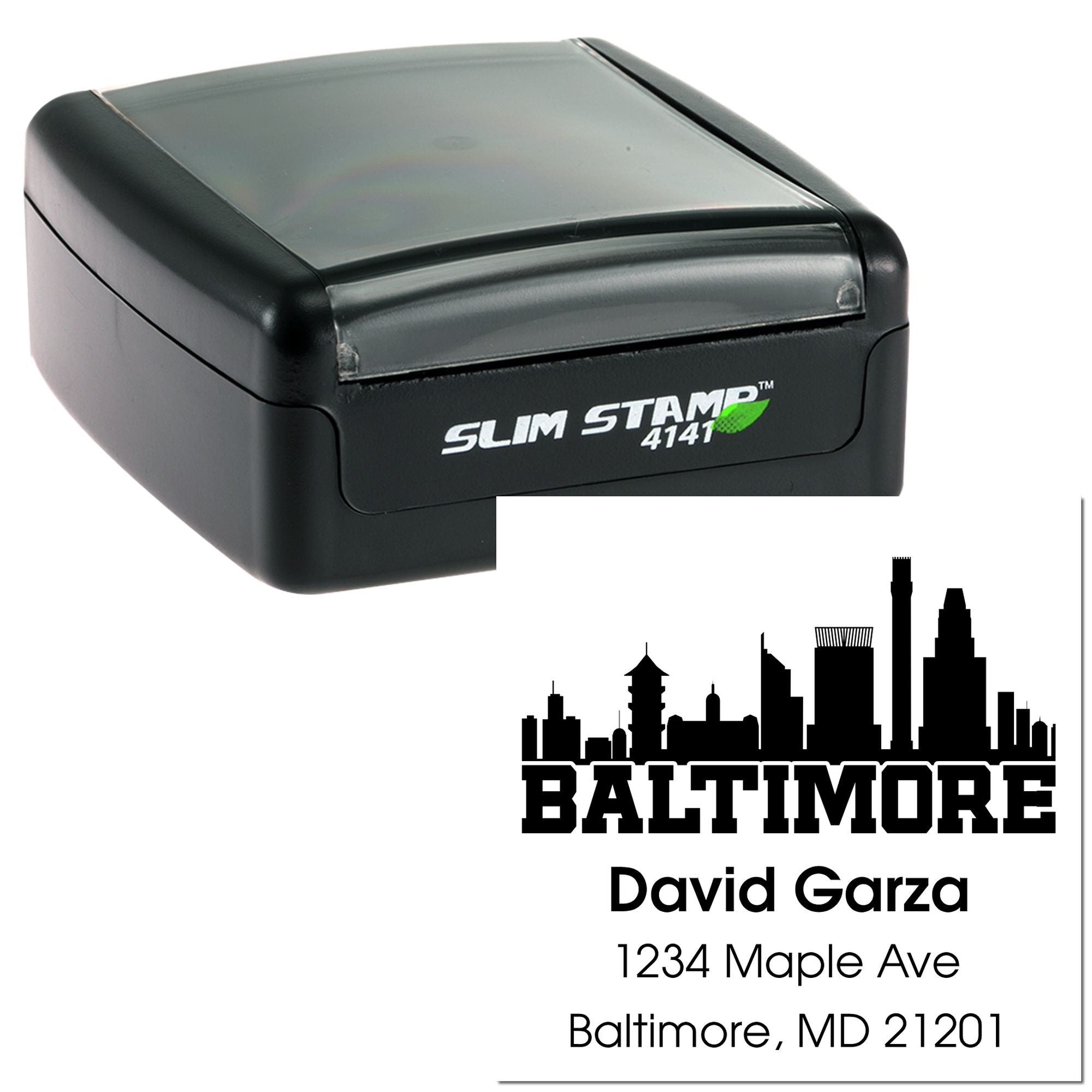 Slim Stamp 4141 self-inking rubber stamp with custom Baltimore return address for David Garza