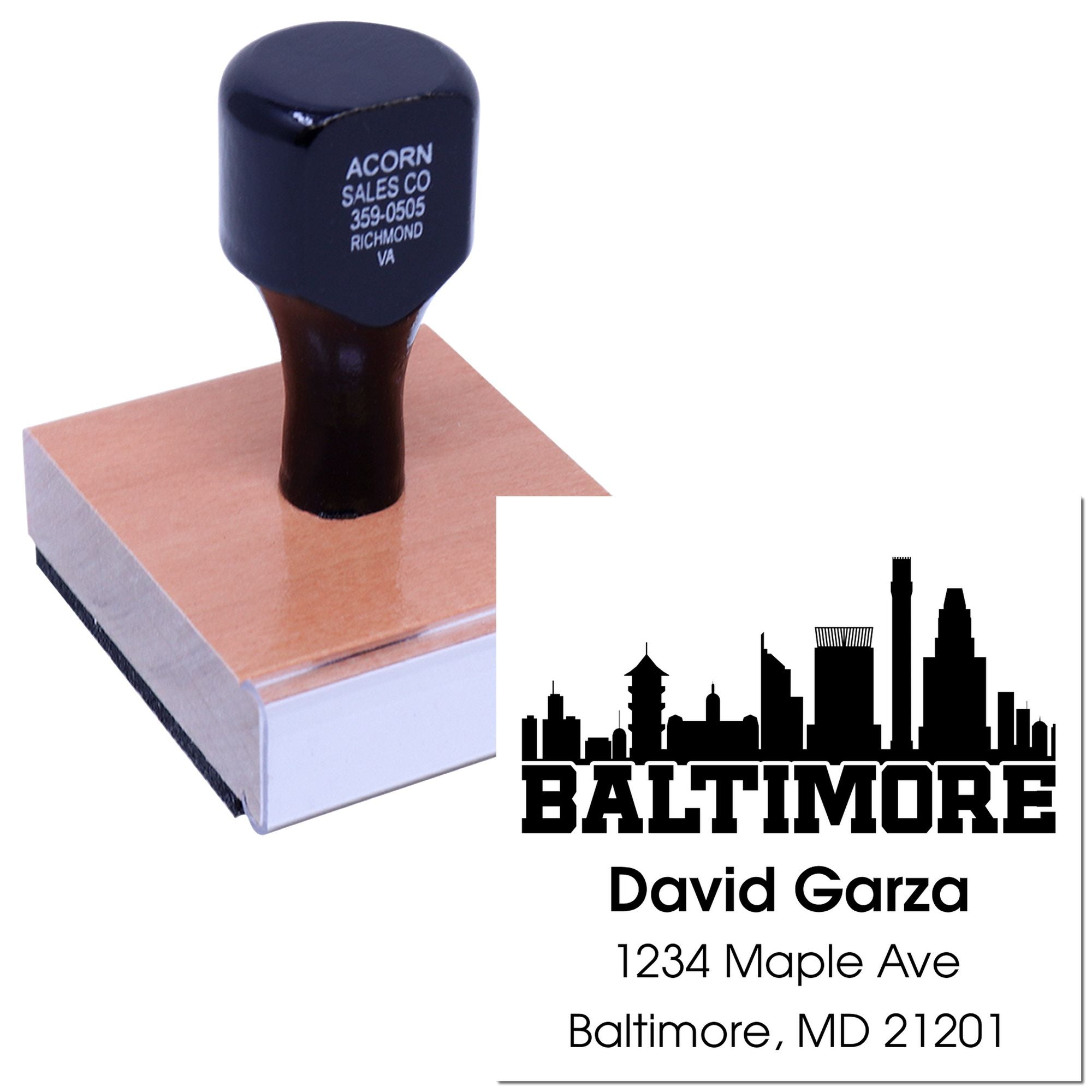 Custom self-inking rubber stamp for Baltimore address labels with skyline, name, and mailing address.