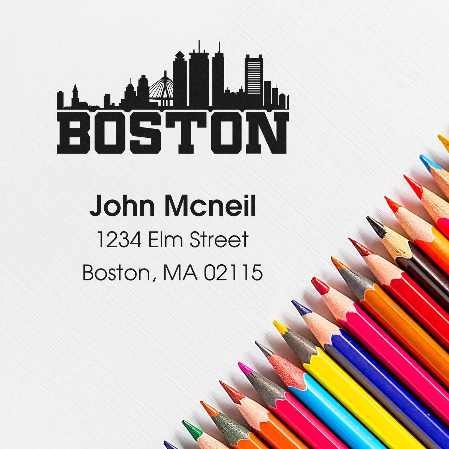 Boston skyline custom return address rubber stamp with name, street address, and ZIP code for personalized mailing.
