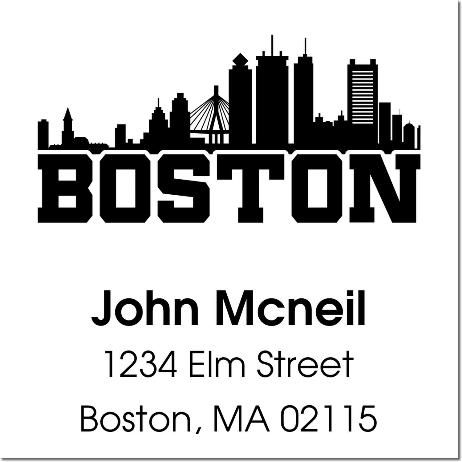 Custom Boston skyline address rubber stamp with name John Mcneil, 1234 Elm Street, Boston, MA 02115 for mailing and branding.