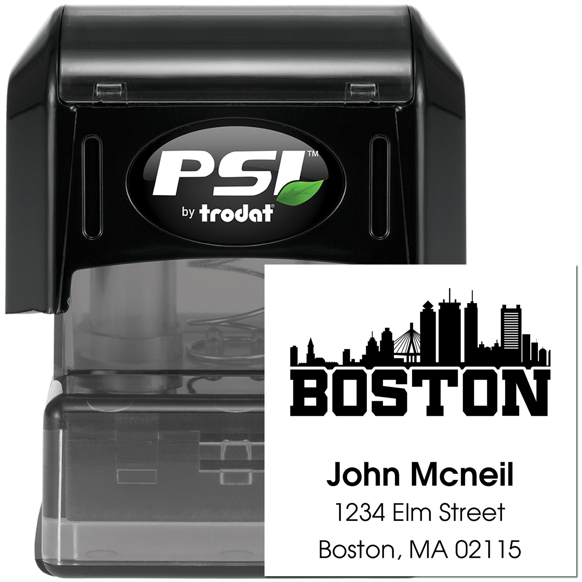 Custom self-inking address rubber stamp by PSI Trodat, featuring Boston skyline and return address imprint.