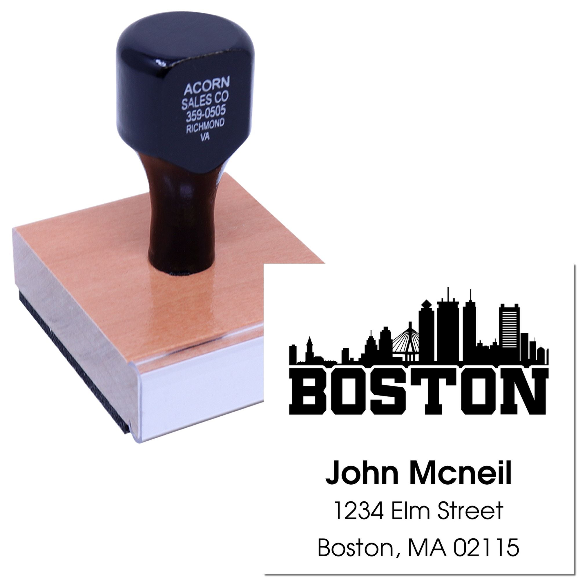 Custom Boston address rubber stamp with skyline logo and name, shown on a wood stamp block with printed imprint sample.