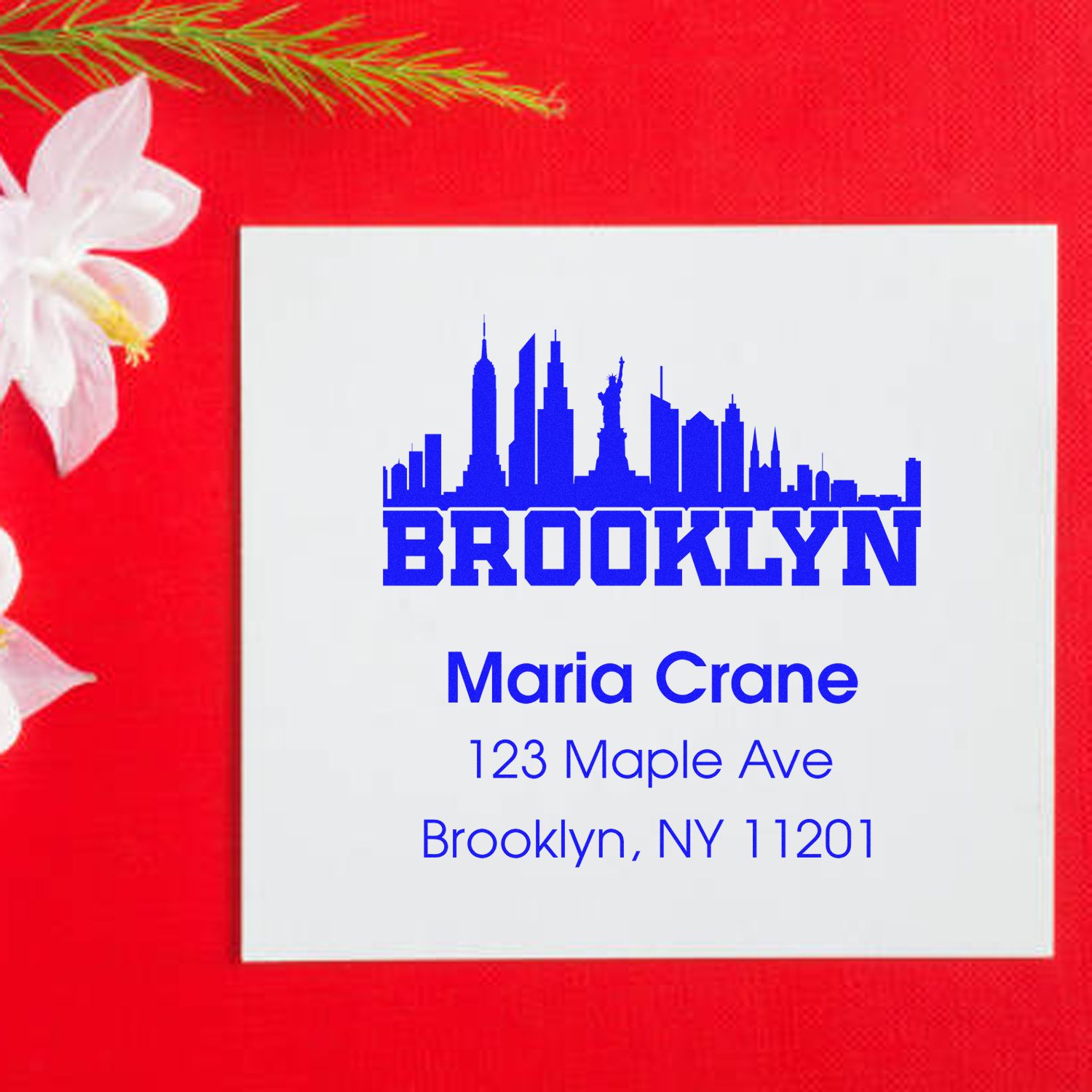 Brooklyn skyline return address rubber stamp for Maria Crane, 123 Maple Ave, Brooklyn, NY 11201