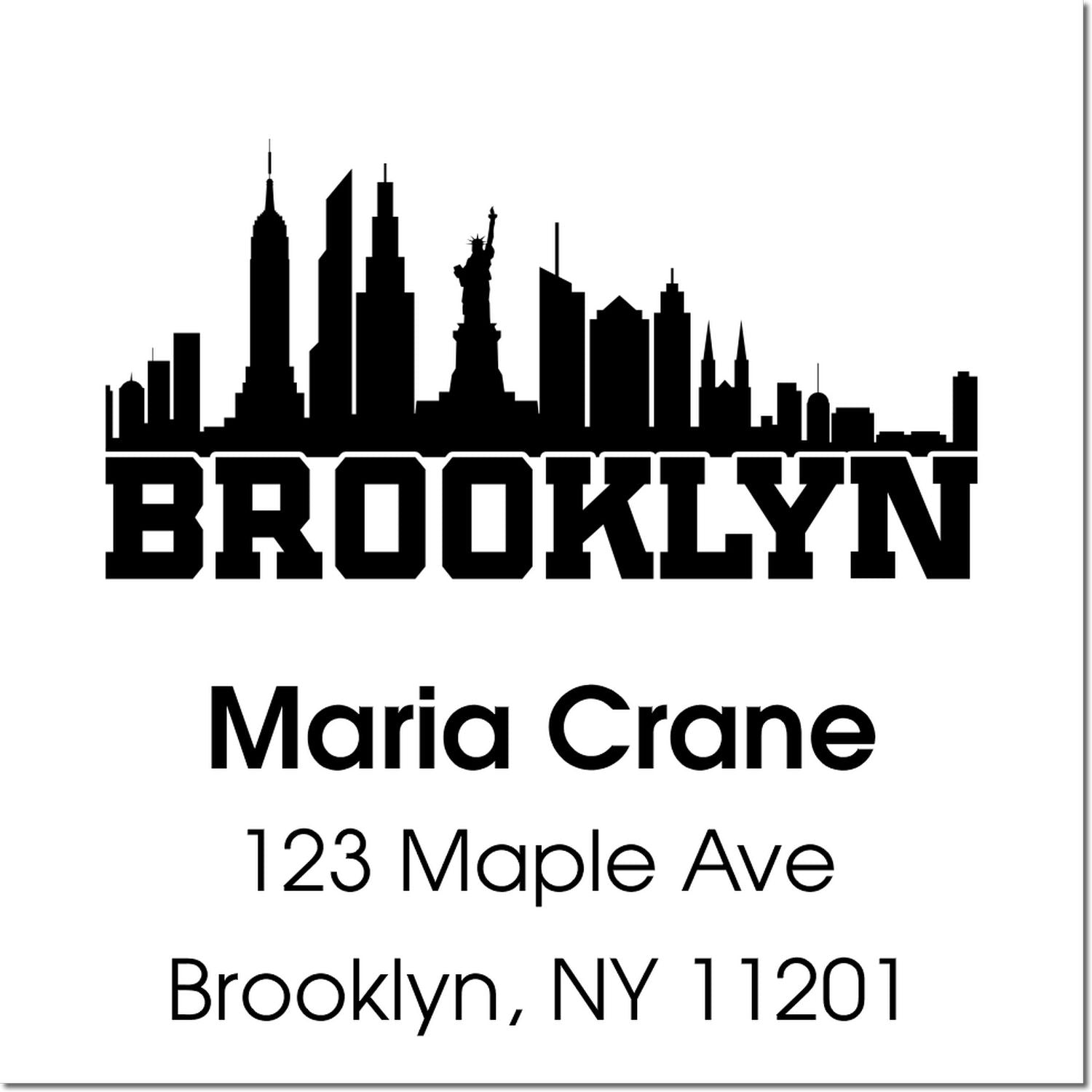 Personalized Brooklyn address rubber stamp with skyline, Maria Crane, 123 Maple Ave, Brooklyn, NY 11201