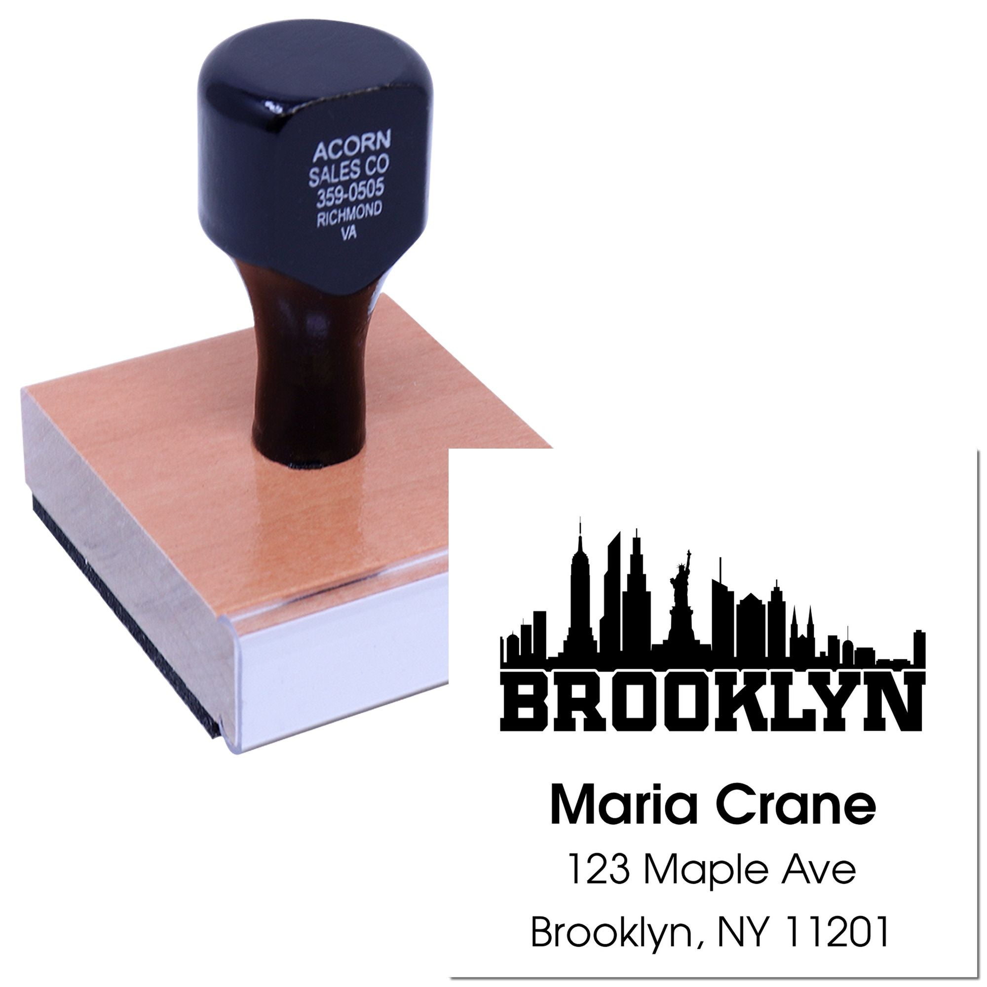 Custom Brooklyn address rubber stamp with skyline logo and personalized name and address imprint.