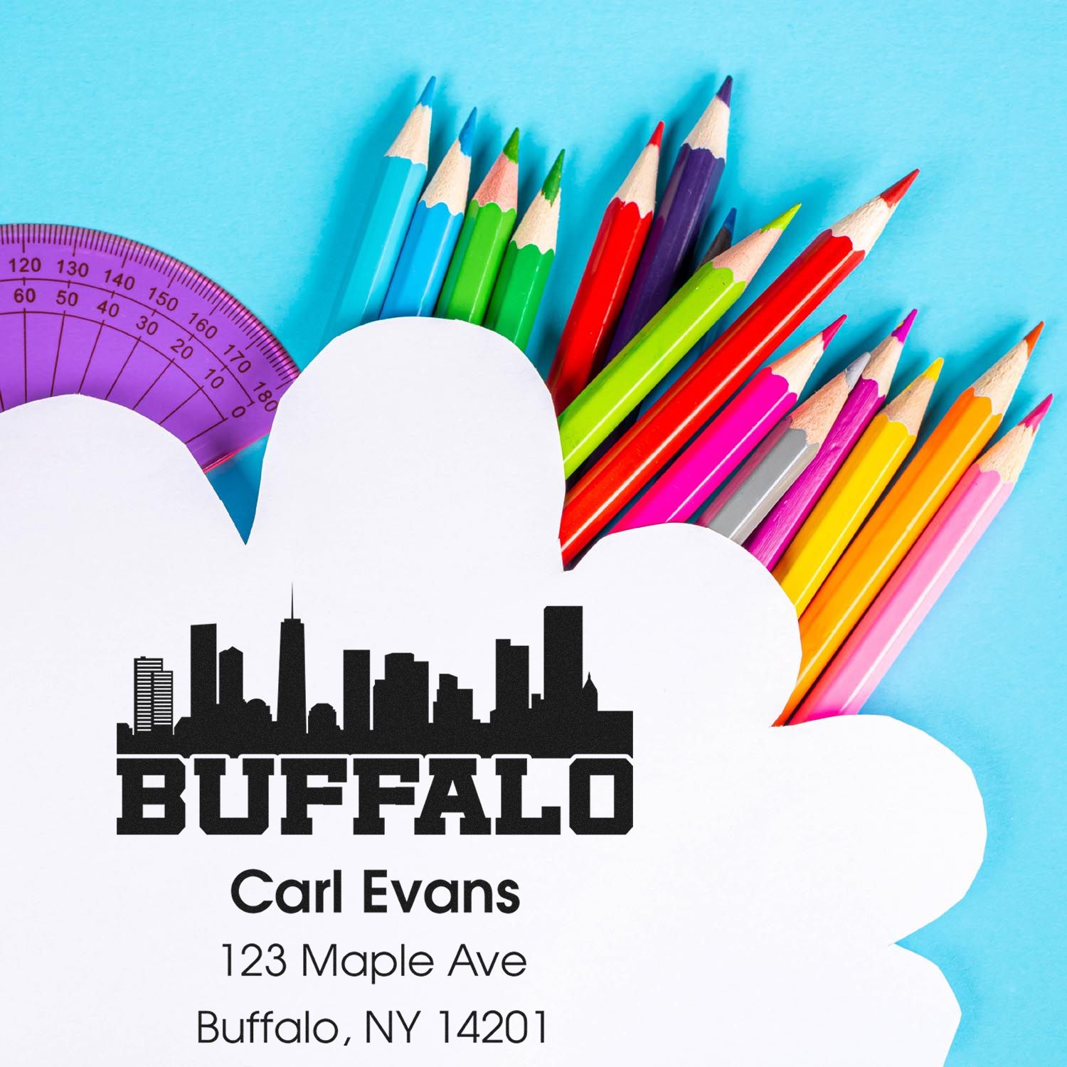 Custom Buffalo NY return address rubber stamp with skyline, ideal for personalized mailings and teacher stationery.