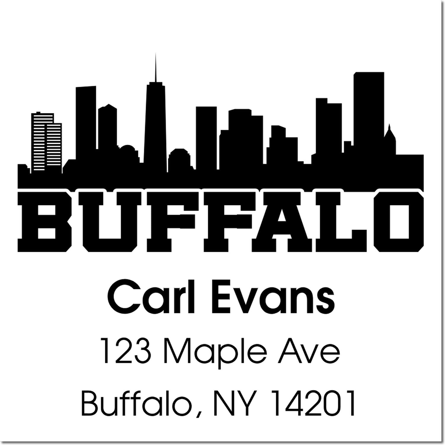 Custom Buffalo return address rubber stamp with skyline, Carl Evans, 123 Maple Ave, Buffalo, NY 14201