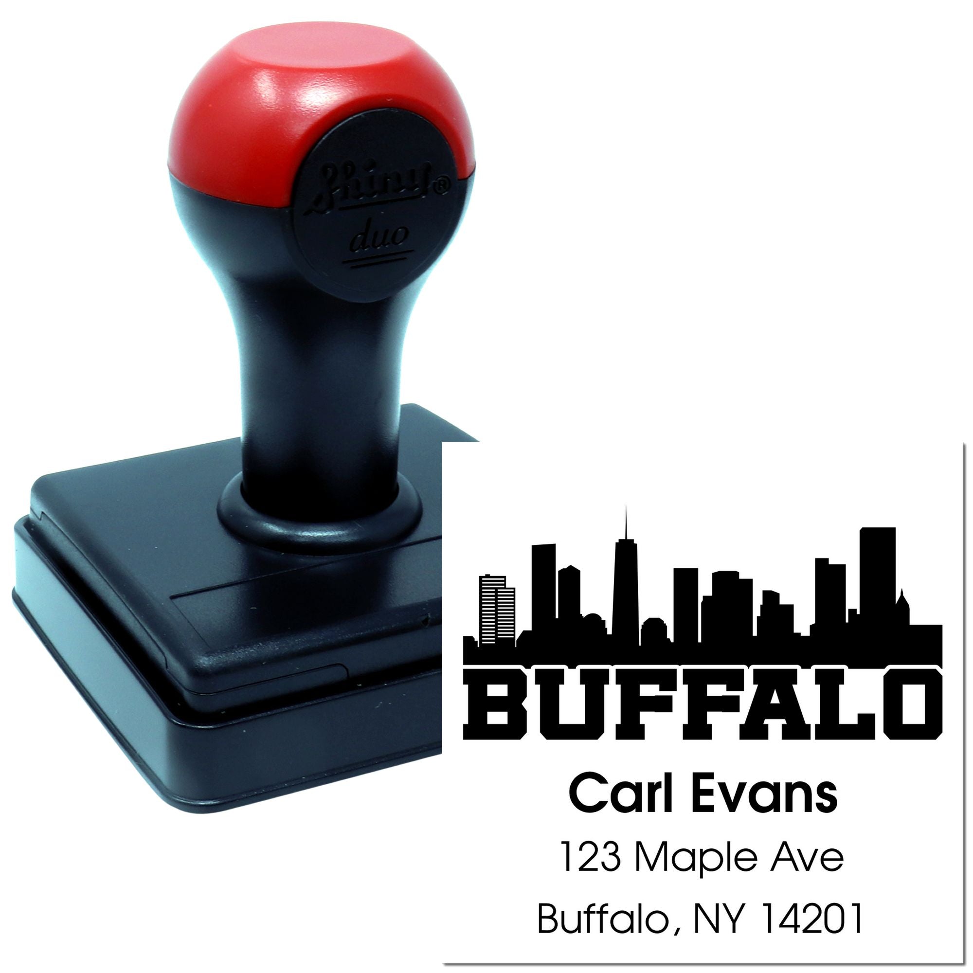 Custom self-inking Buffalo address rubber stamp with skyline logo for return mail, featuring name and full mailing address.