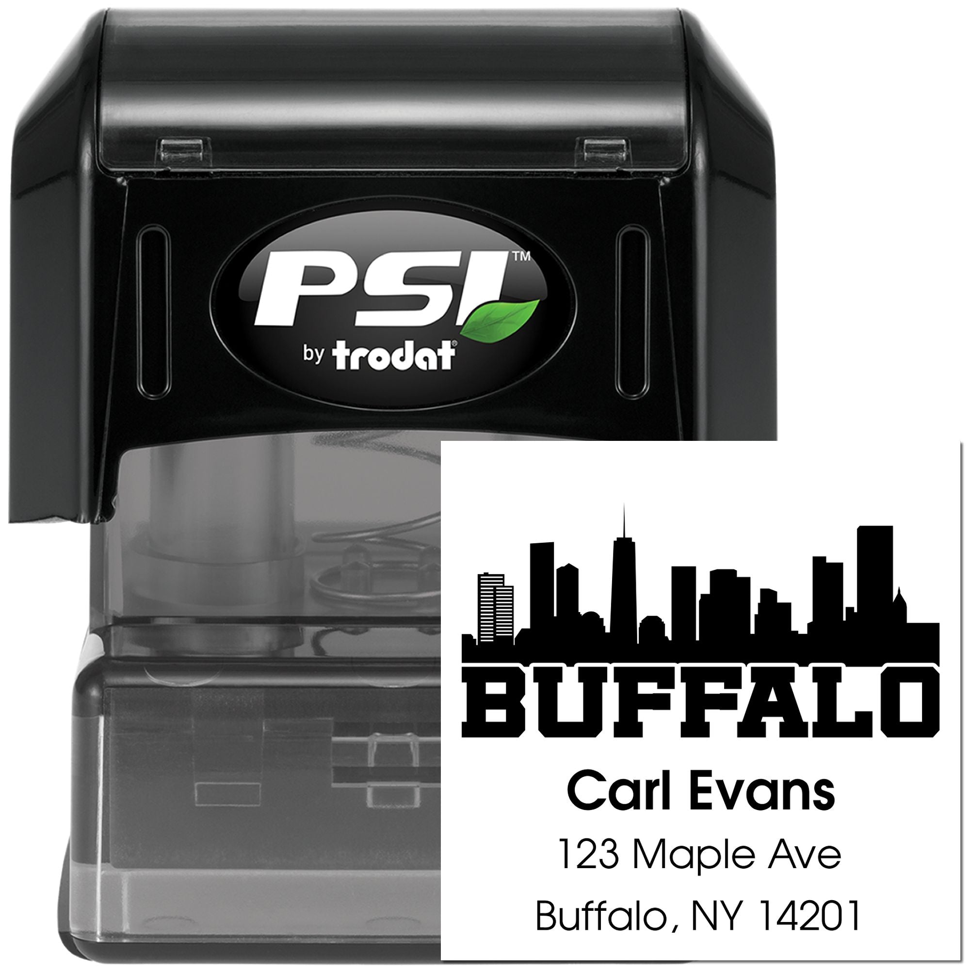 PSI by Trodat self-inking custom address rubber stamp with Buffalo skyline design, ideal for professional mailing and branding.