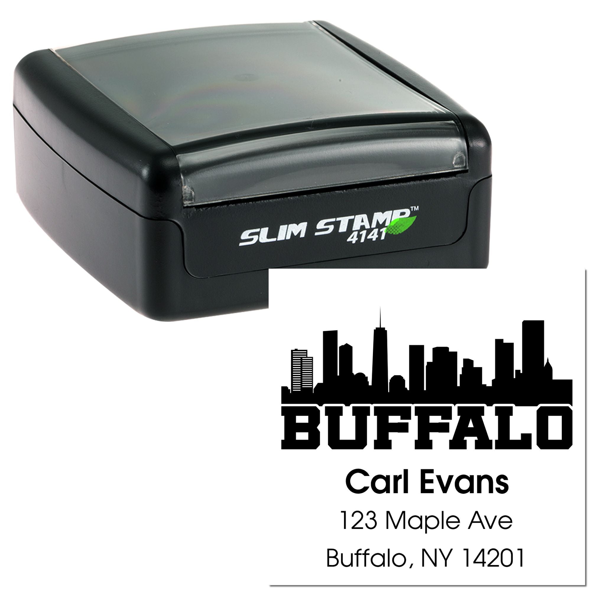 Custom self-inking rubber stamp with Buffalo skyline, Carl Evans name, and address for business mailing.
