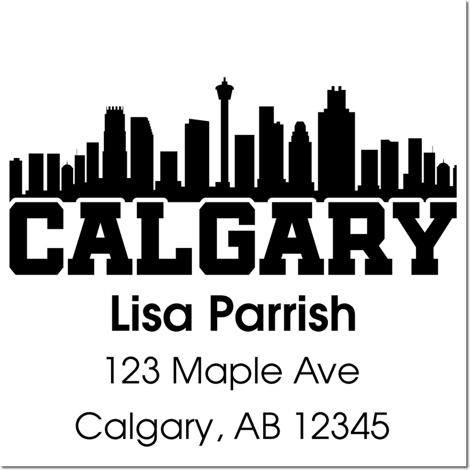 Personalized Calgary skyline return address rubber stamp for Lisa Parrish, 123 Maple Ave, Calgary, AB 12345