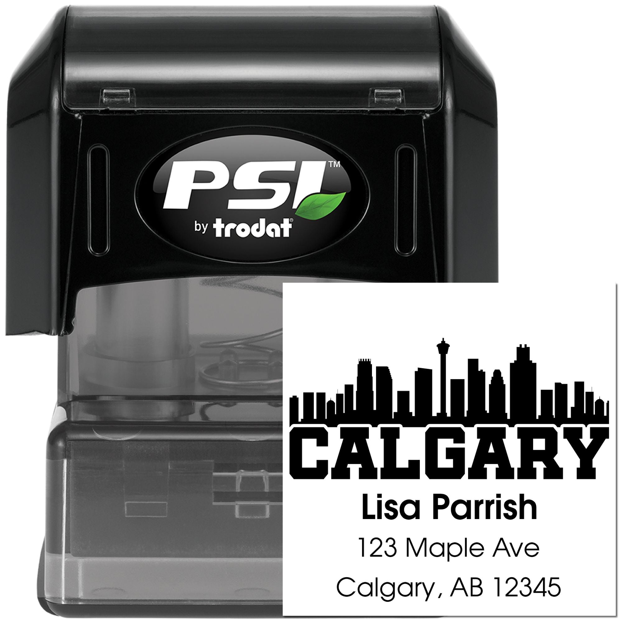 PSI by Trodat self-inking rubber stamp with custom Calgary address and skyline design for personalized mailing labels.
