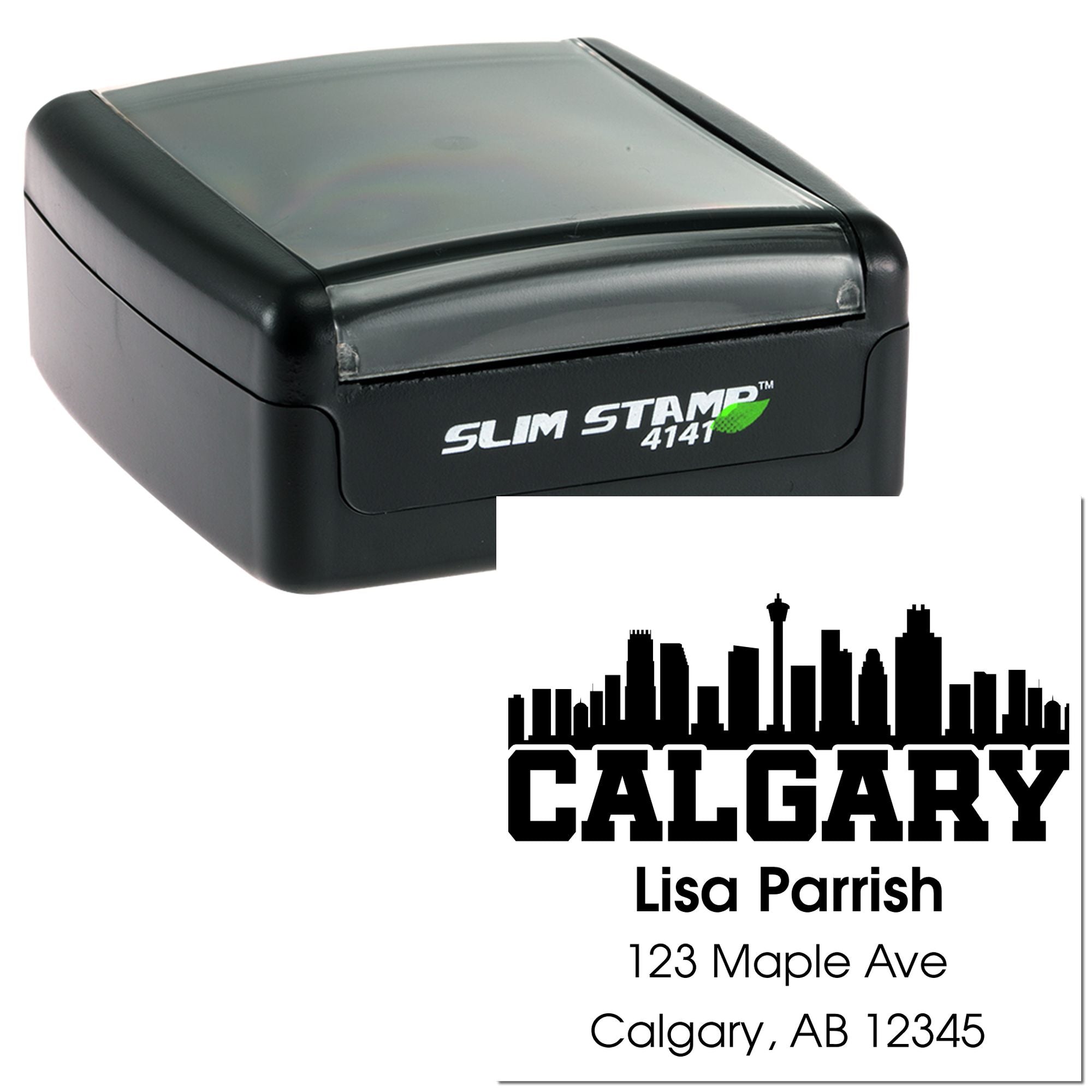 Custom self-inking rubber stamp with Calgary skyline address design for Lisa Parrish, 123 Maple Ave, Calgary, AB 12345.
