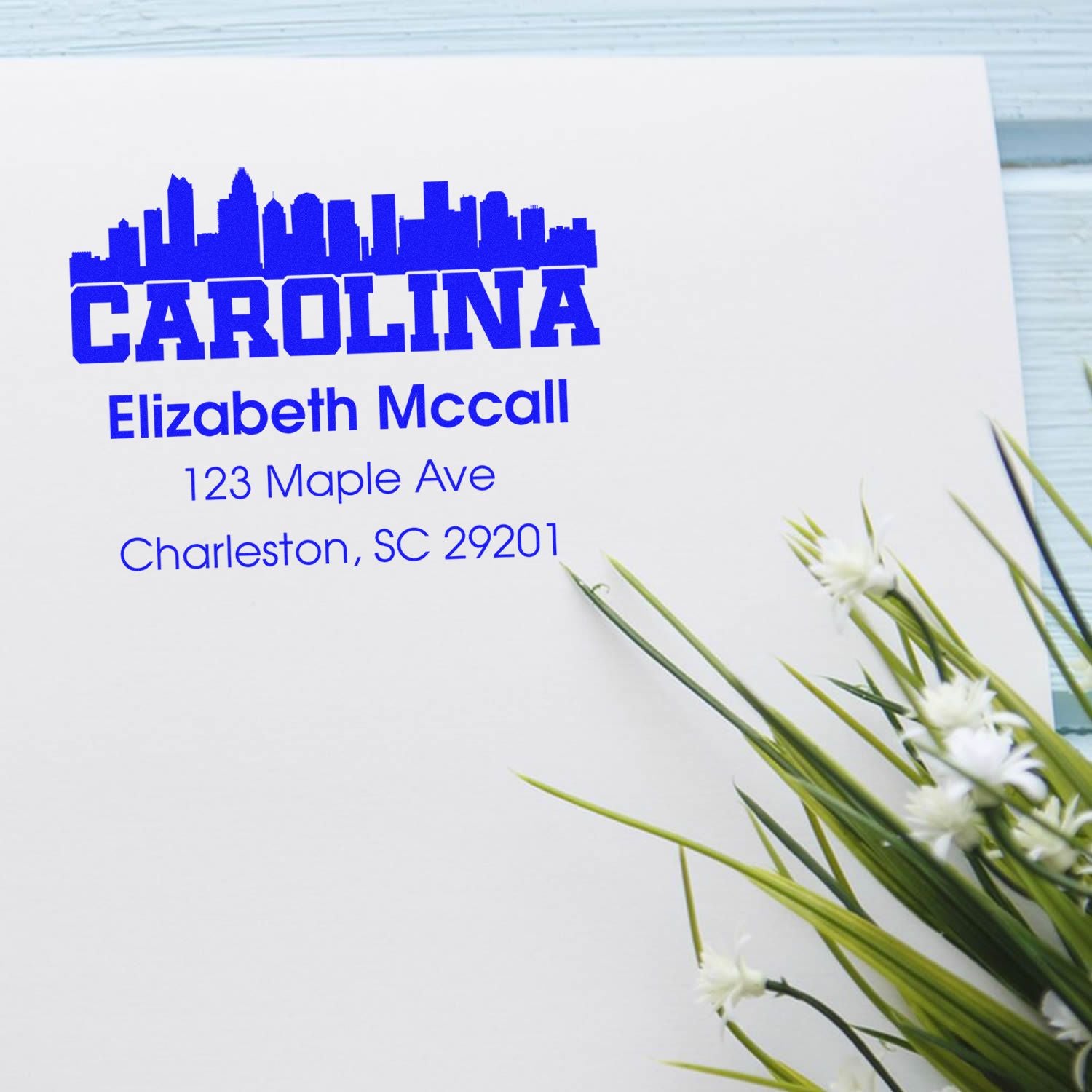 Custom Carolina skyline return address rubber stamp for Elizabeth McCall, Charleston, SC 29201