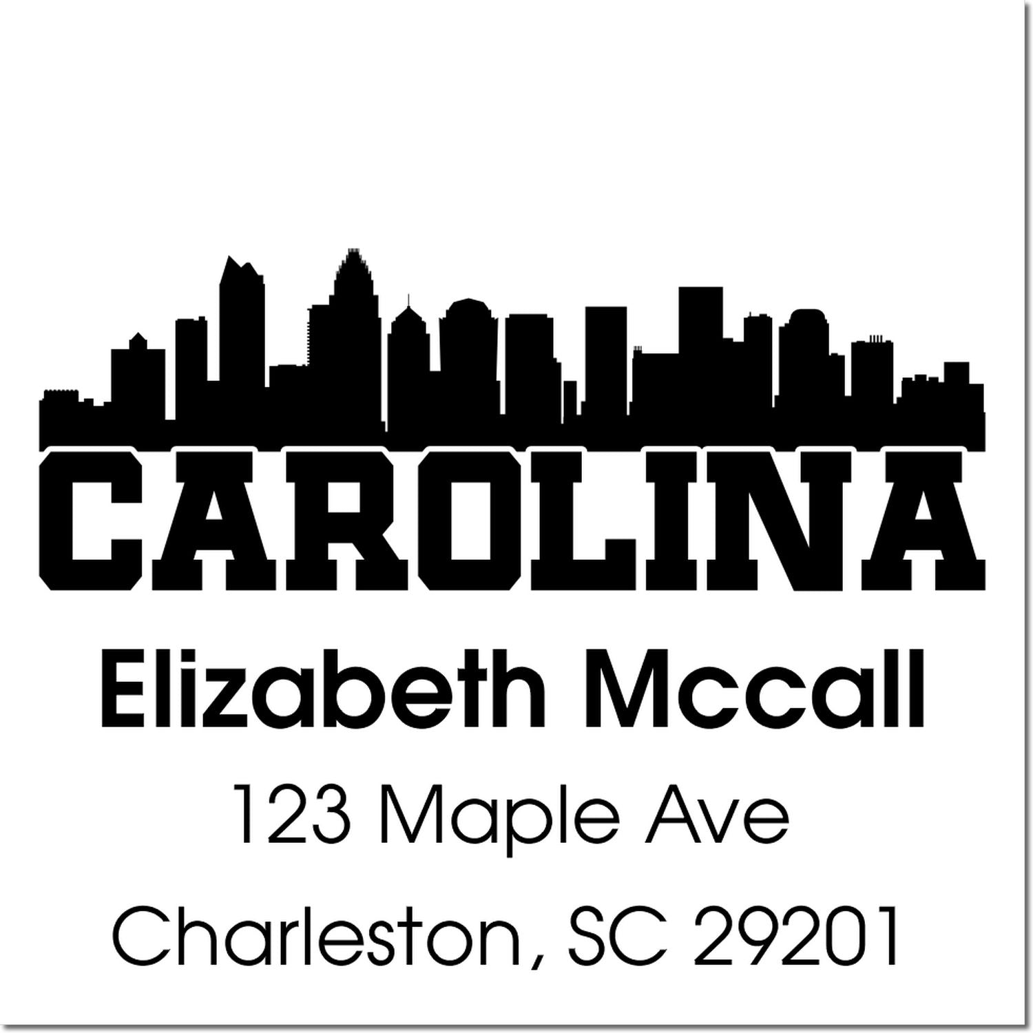 Custom Charleston, SC address rubber stamp with Carolina skyline, Elizabeth McCall, 123 Maple Ave, Charleston, SC 29201.