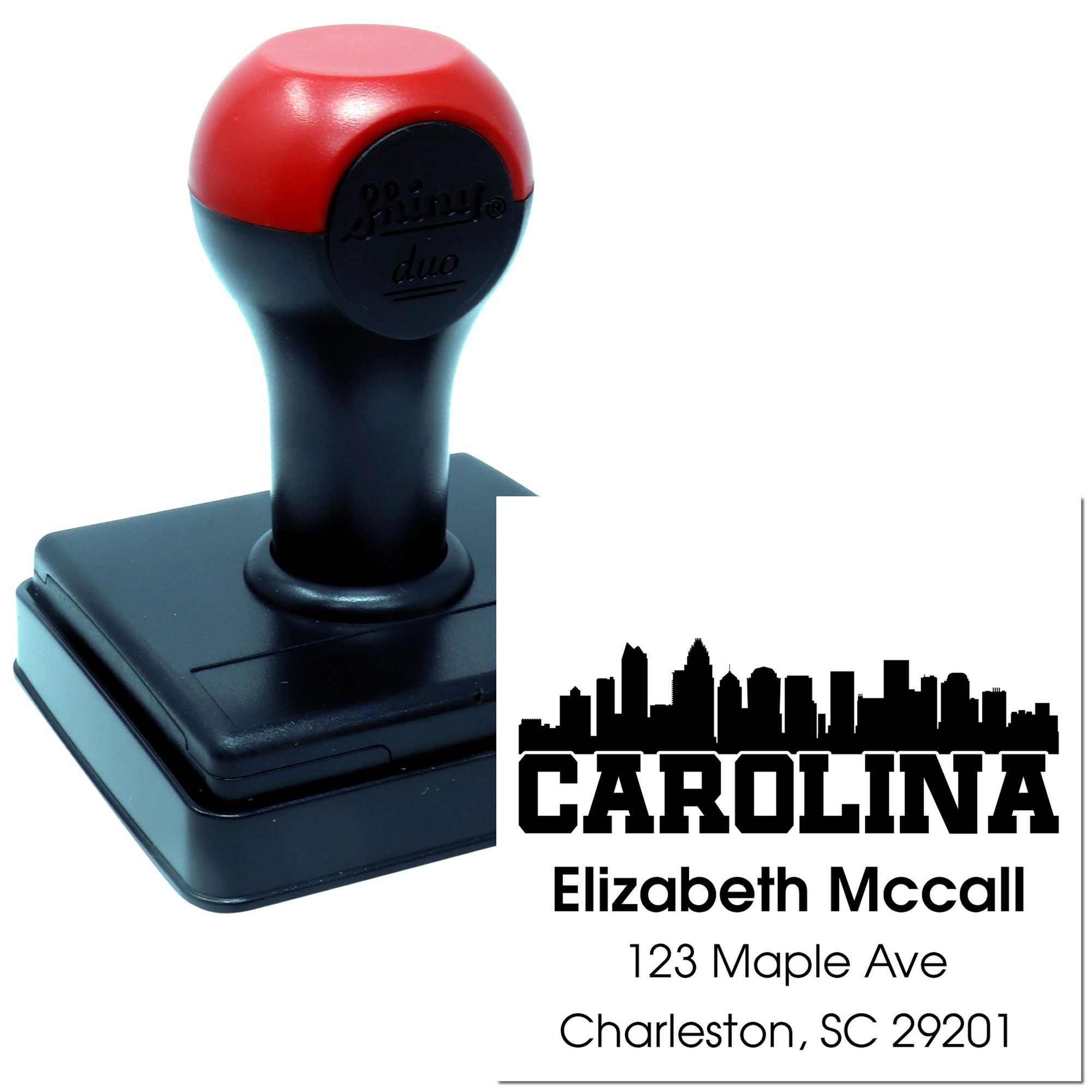 Custom self-inking address stamp with Carolina skyline and Charleston, SC return address for Elizabeth Mccall