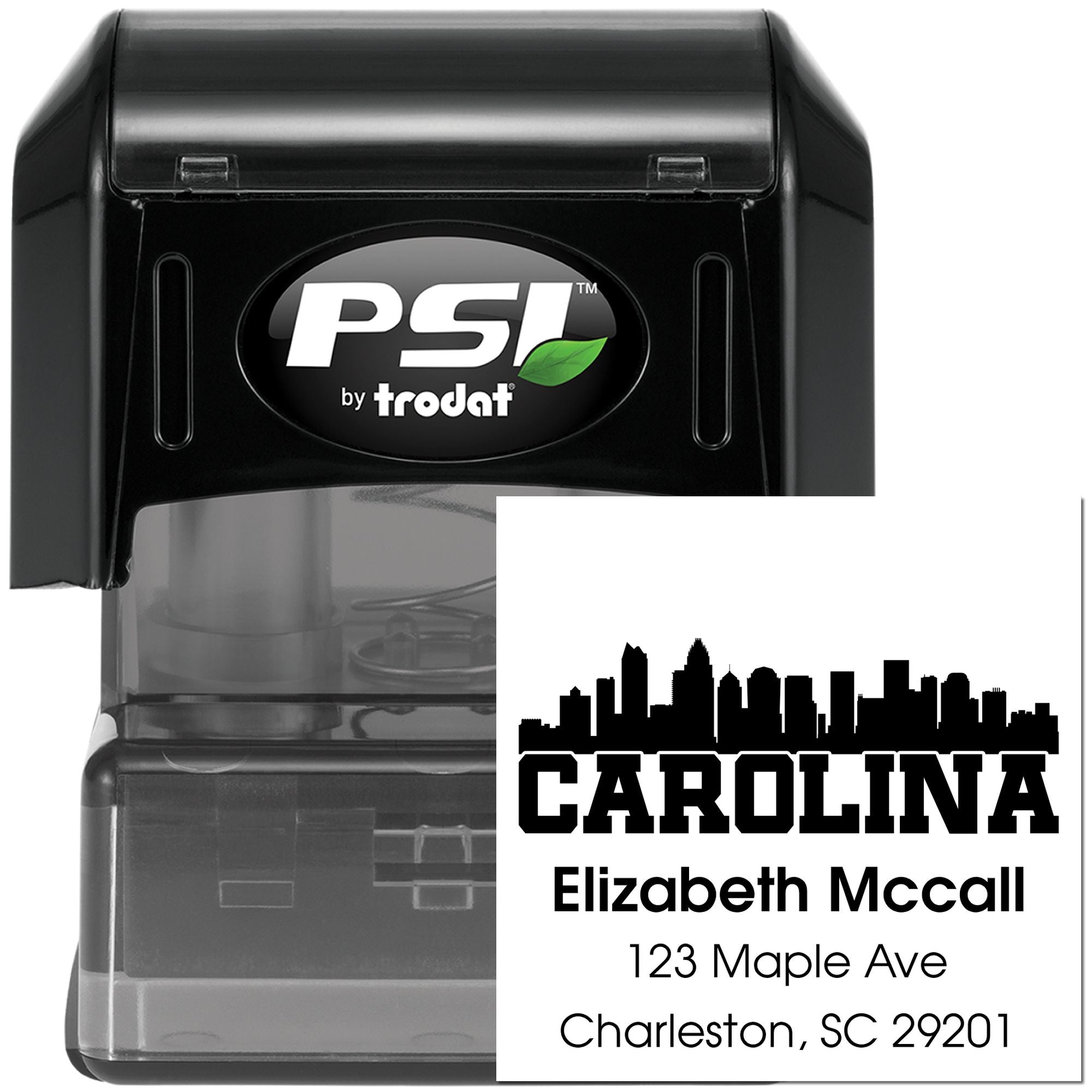 Custom self-inking rubber address stamp by PSI Trodat with Carolina design and Charleston, SC return address.