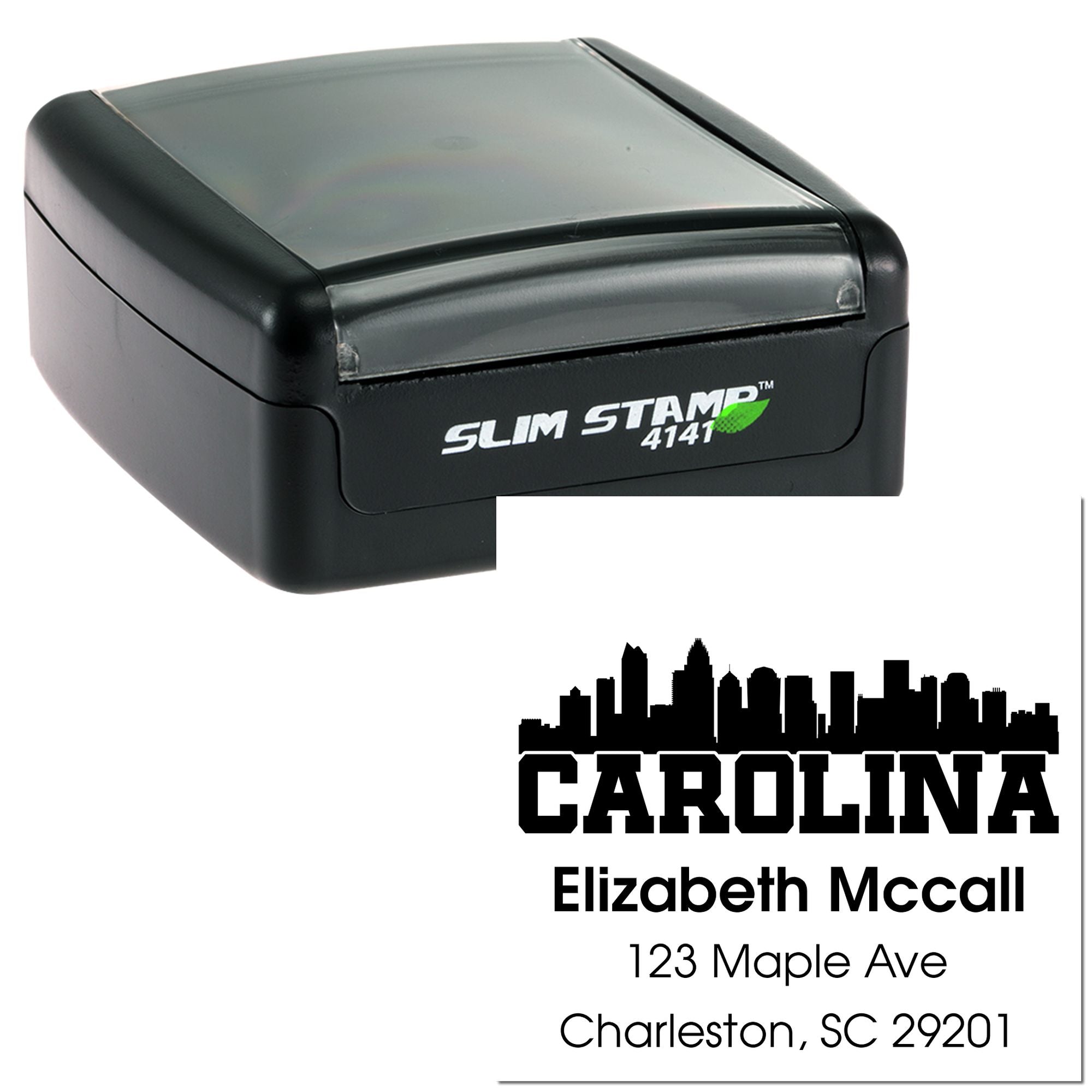 Slim self-inking rubber stamp for Carolina return address labels, with skyline design and personalized mailing details.