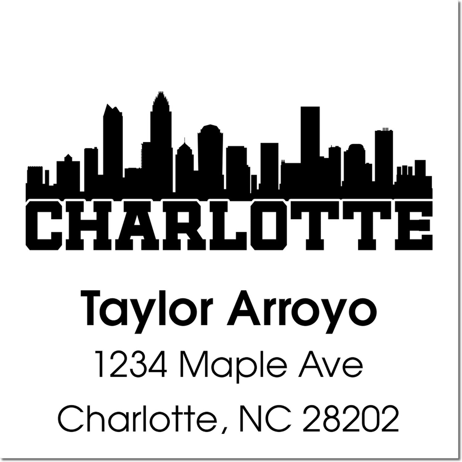 Custom Charlotte skyline return address rubber stamp with Taylor Arroyo, 1234 Maple Ave, Charlotte, NC 28202
