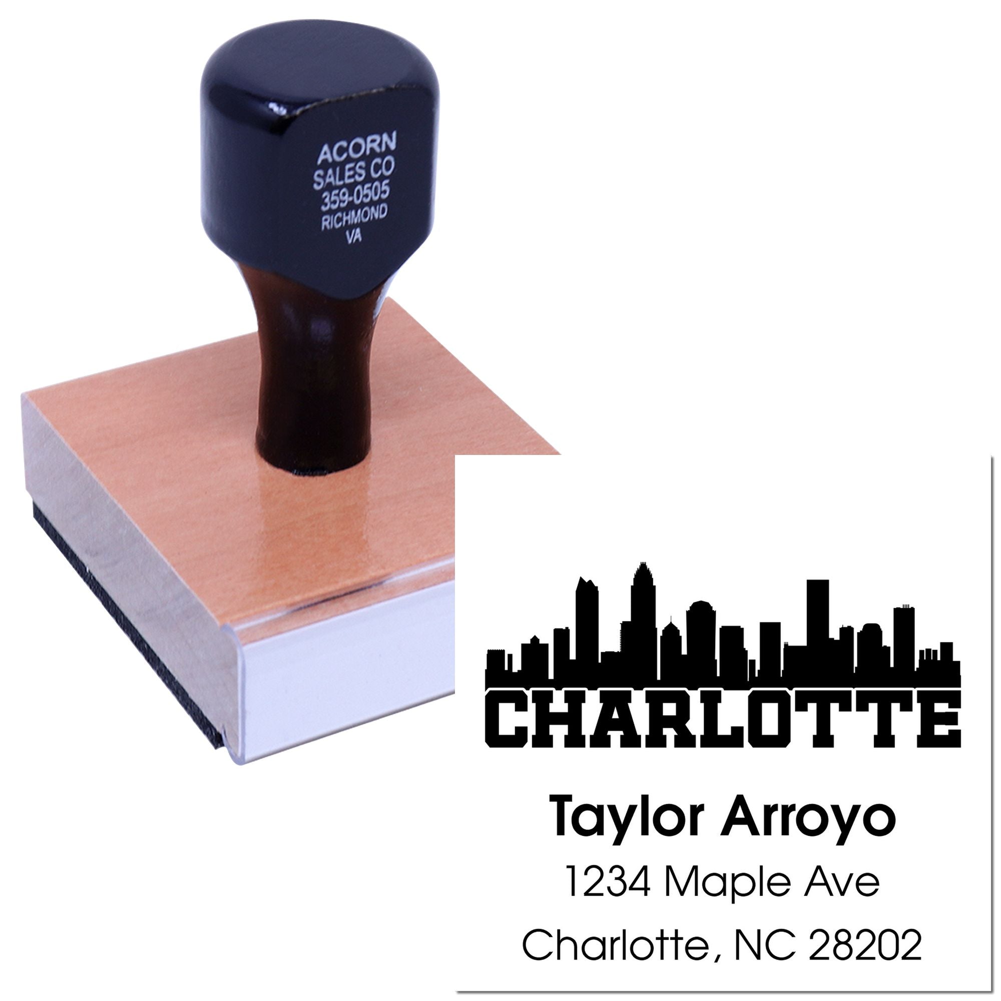 Custom Charlotte return address rubber stamp with skyline design, featuring Taylor Arroyo name and mailing address.