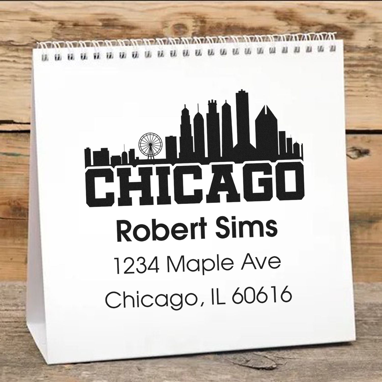 Personalized Chicago skyline return address rubber stamp with name and address for gift bags