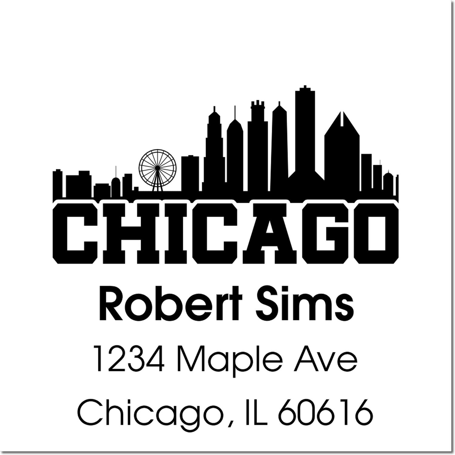 Chicago skyline return address rubber stamp with Robert Sims, 1234 Maple Ave, Chicago, IL 60616.