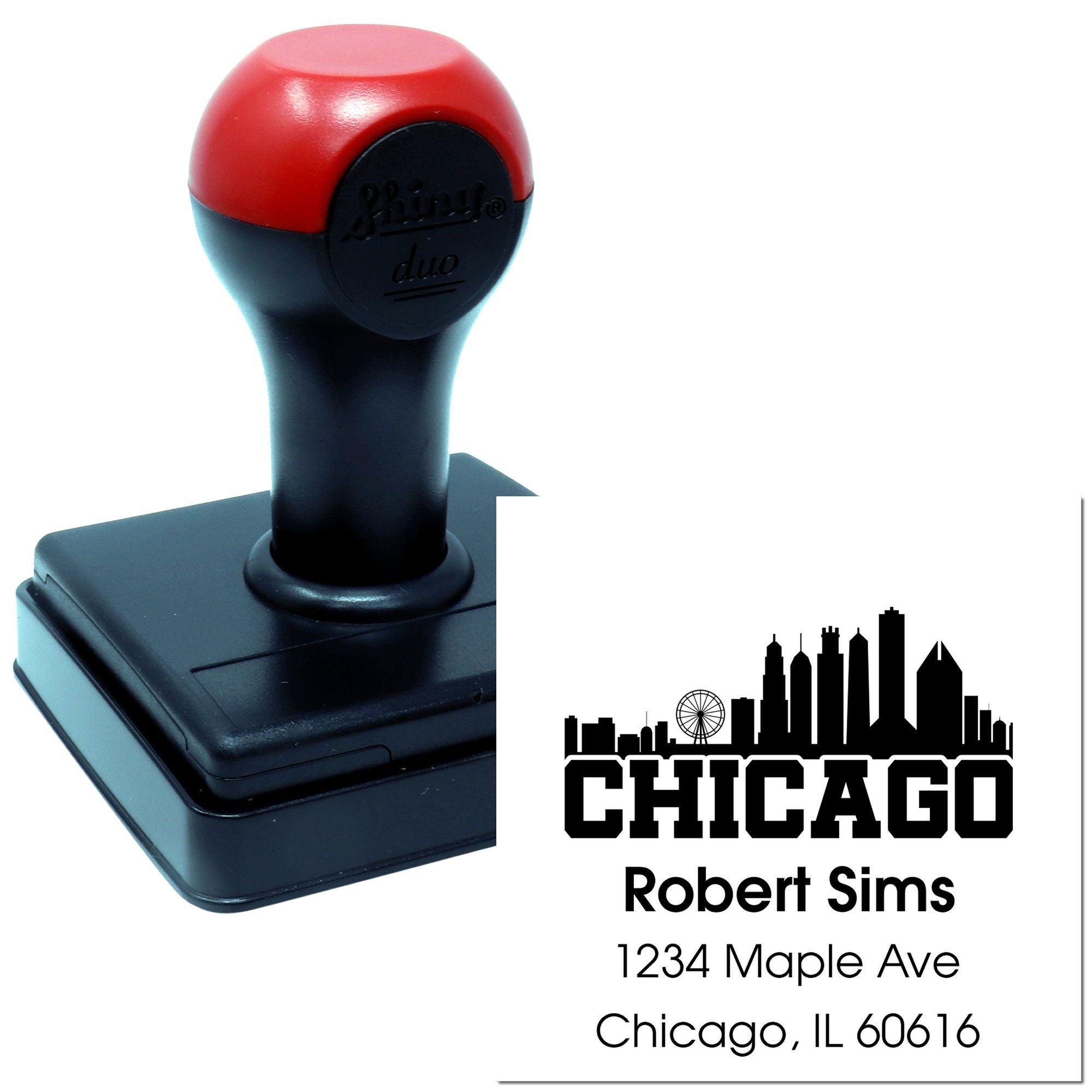 Custom Chicago address rubber stamp with skyline design for Robert Sims, 1234 Maple Ave, Chicago, IL 60616.